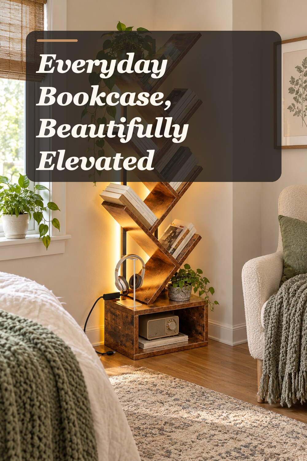 A bookcase used in a quiet bedroom reading corner with natural window light and practical everyday styling.