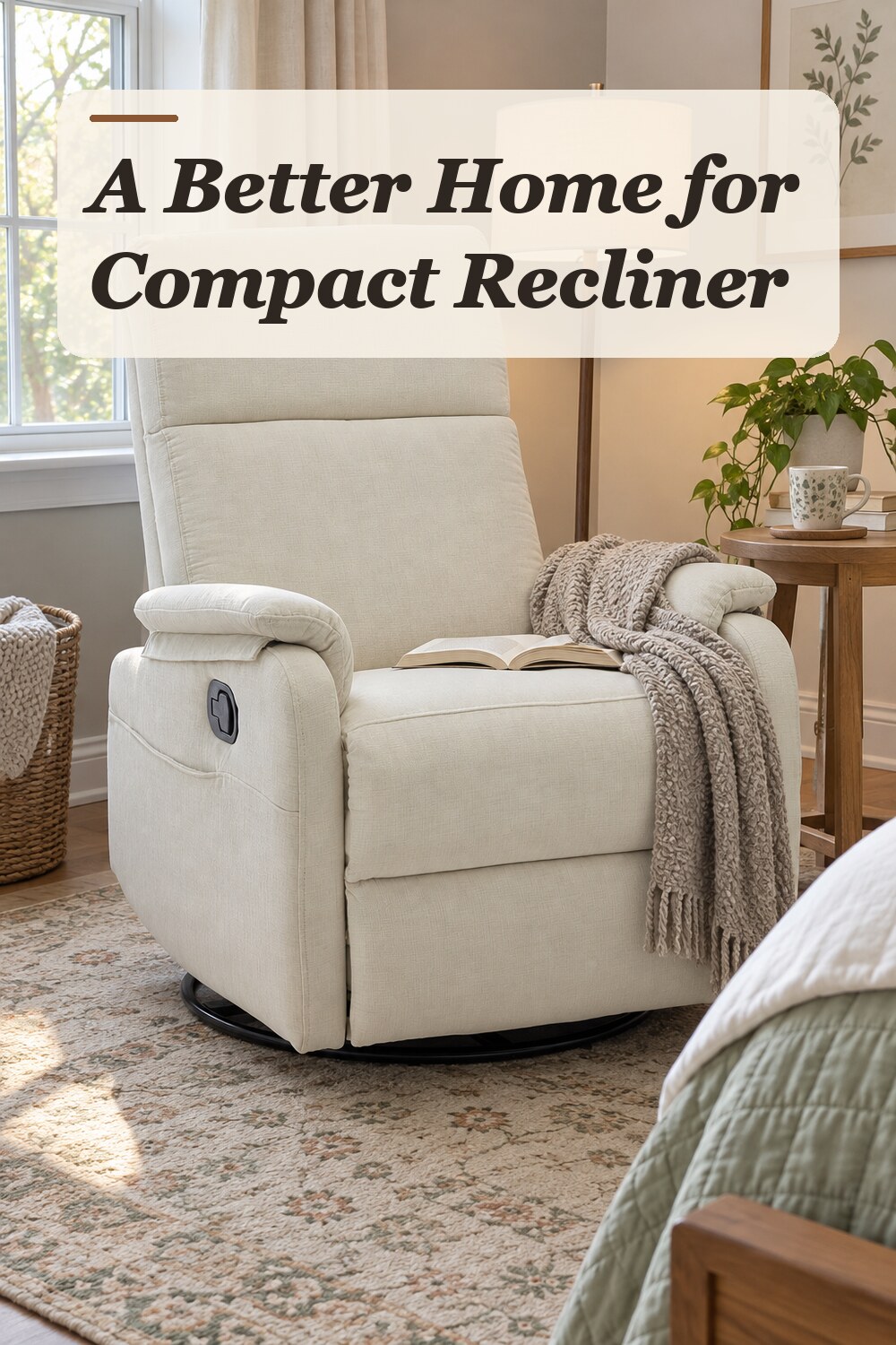 A compact recliner used in a quiet bedroom reading corner with natural window light and practical everyday styling.