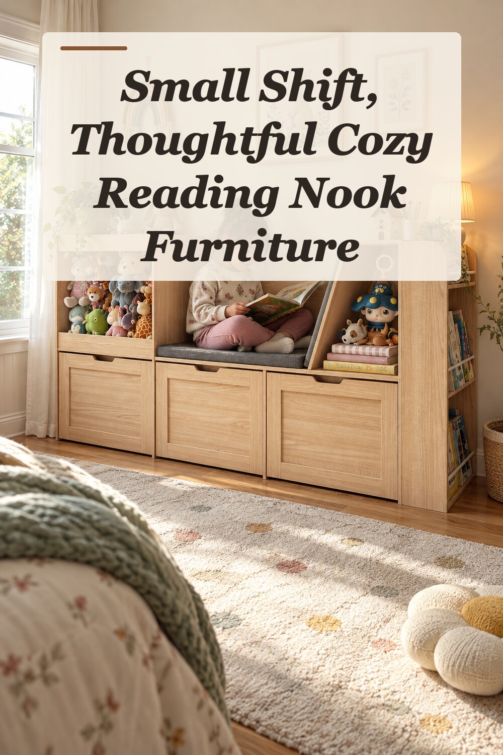 A bookcase used in a quiet bedroom reading corner with natural window light and practical everyday styling.