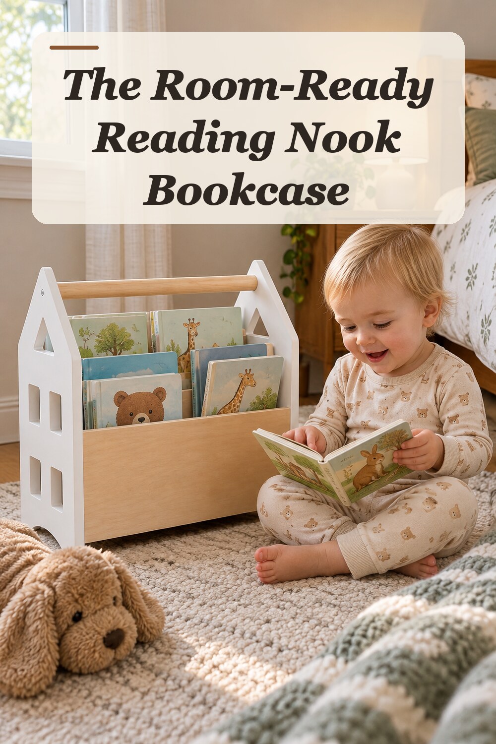 A bookcase used in a quiet bedroom reading corner with natural window light and practical everyday styling.