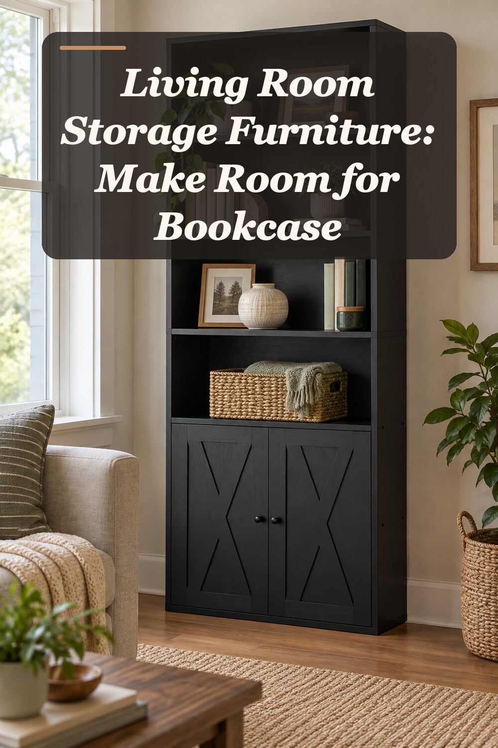A bookcase used in a comfortable lived-in living room with natural window light and practical everyday styling.