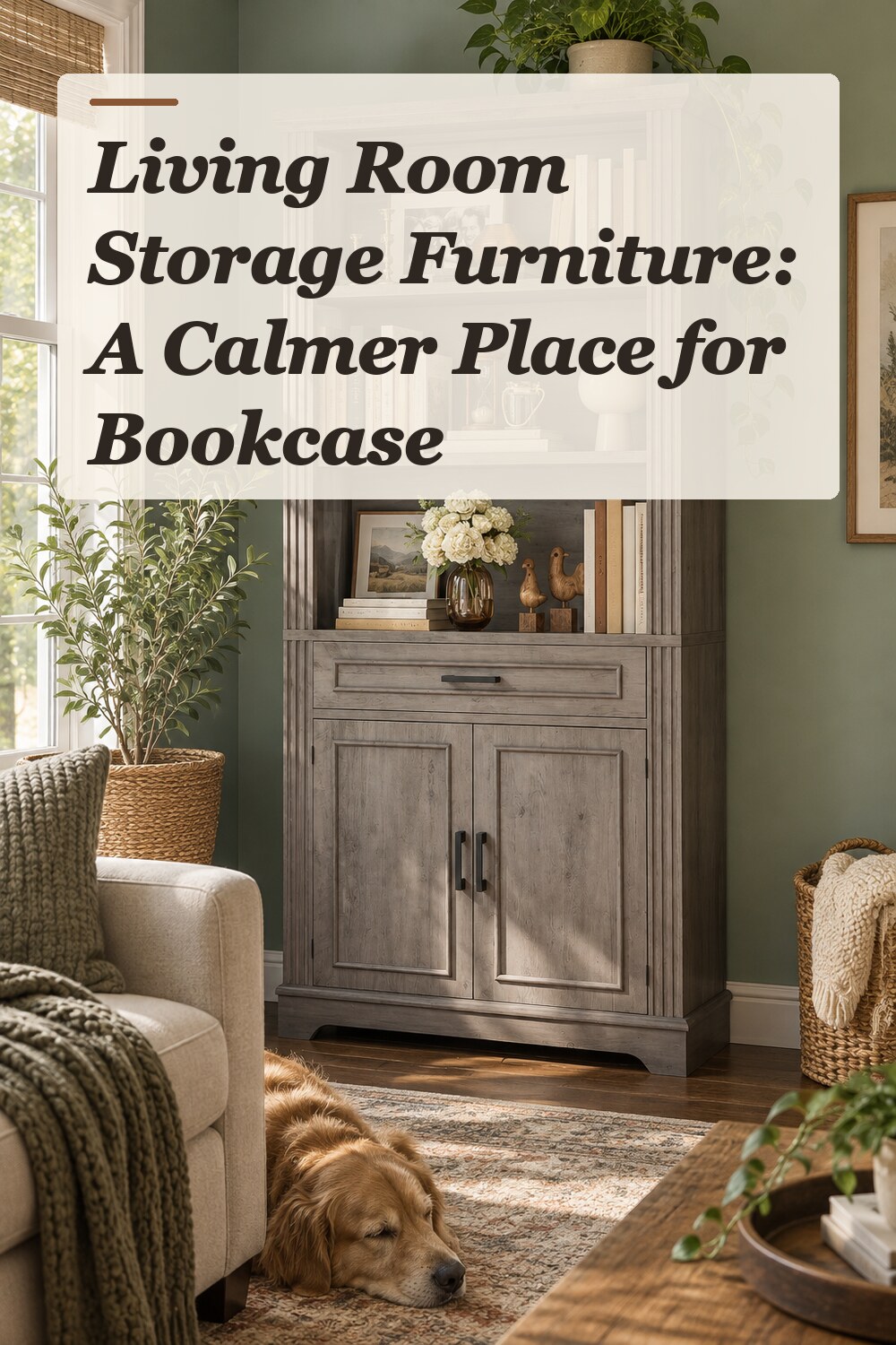 A bookcase used in a comfortable lived-in living room with natural window light and practical everyday styling.