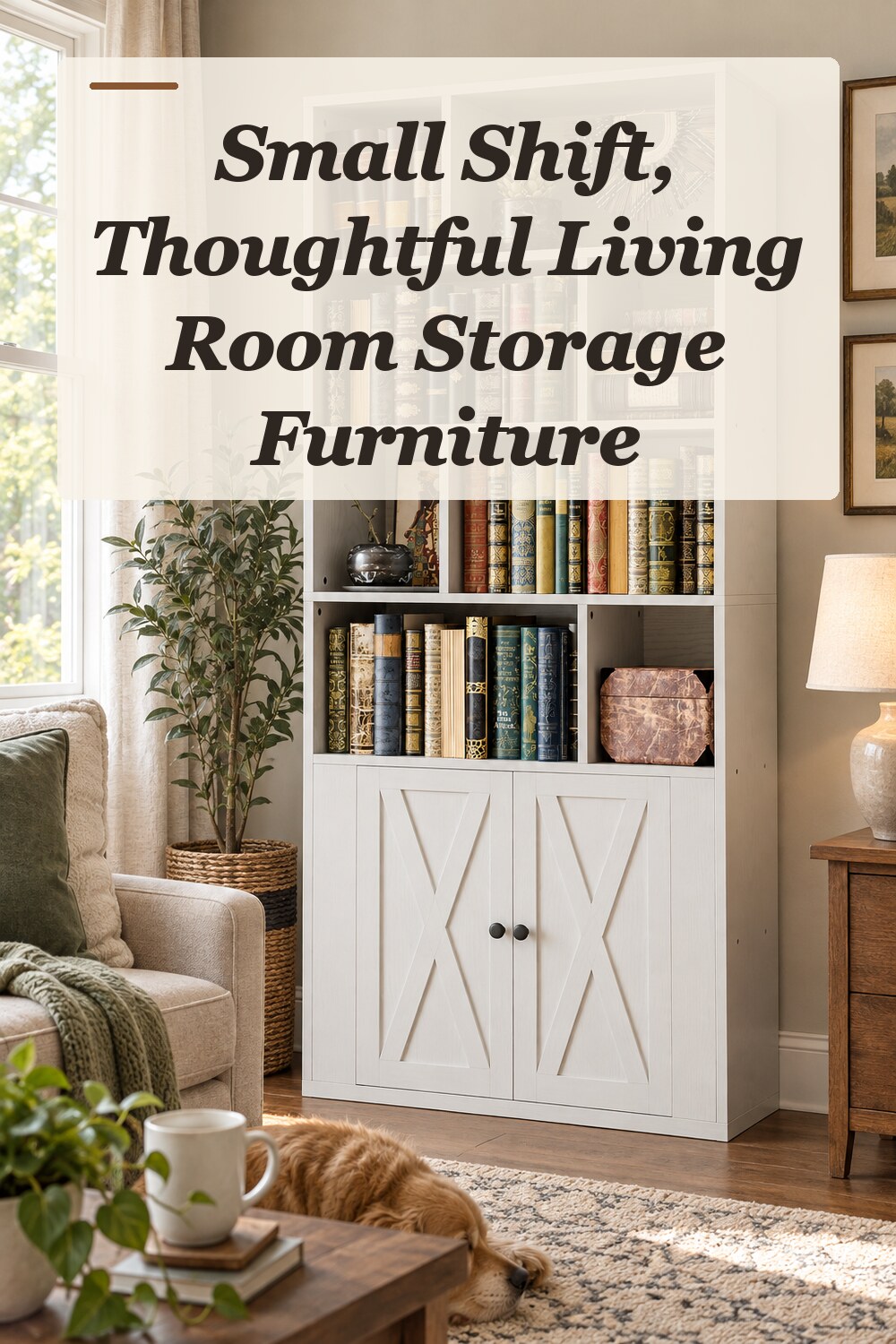 A bookcase used in a comfortable lived-in living room with natural window light and practical everyday styling.