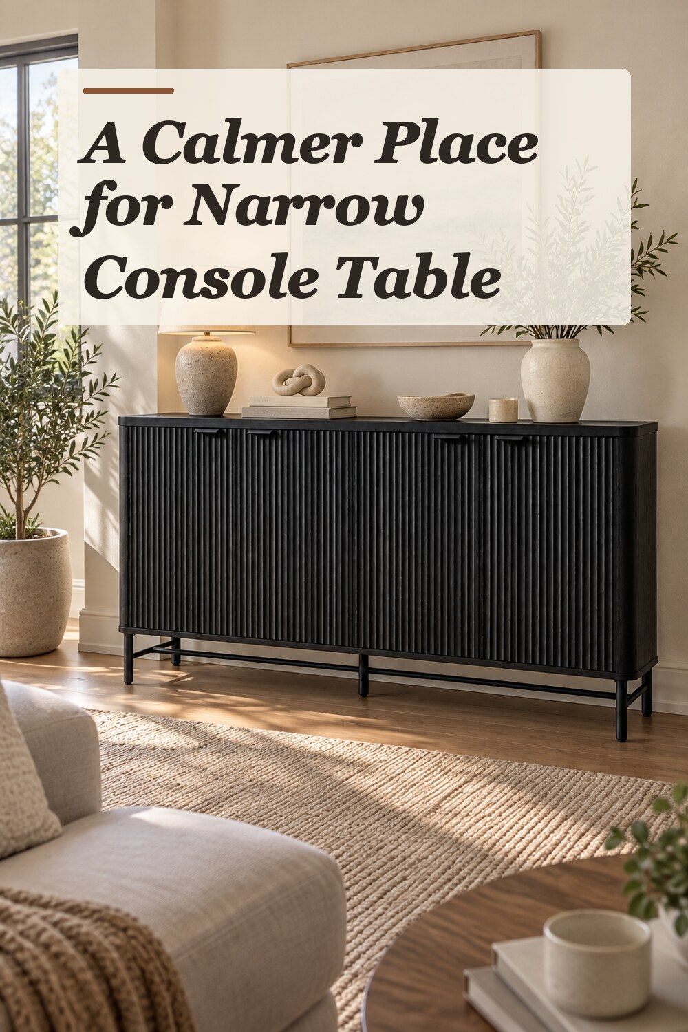 A narrow console table used in a comfortable lived-in living room with natural window light and practical everyday styling.