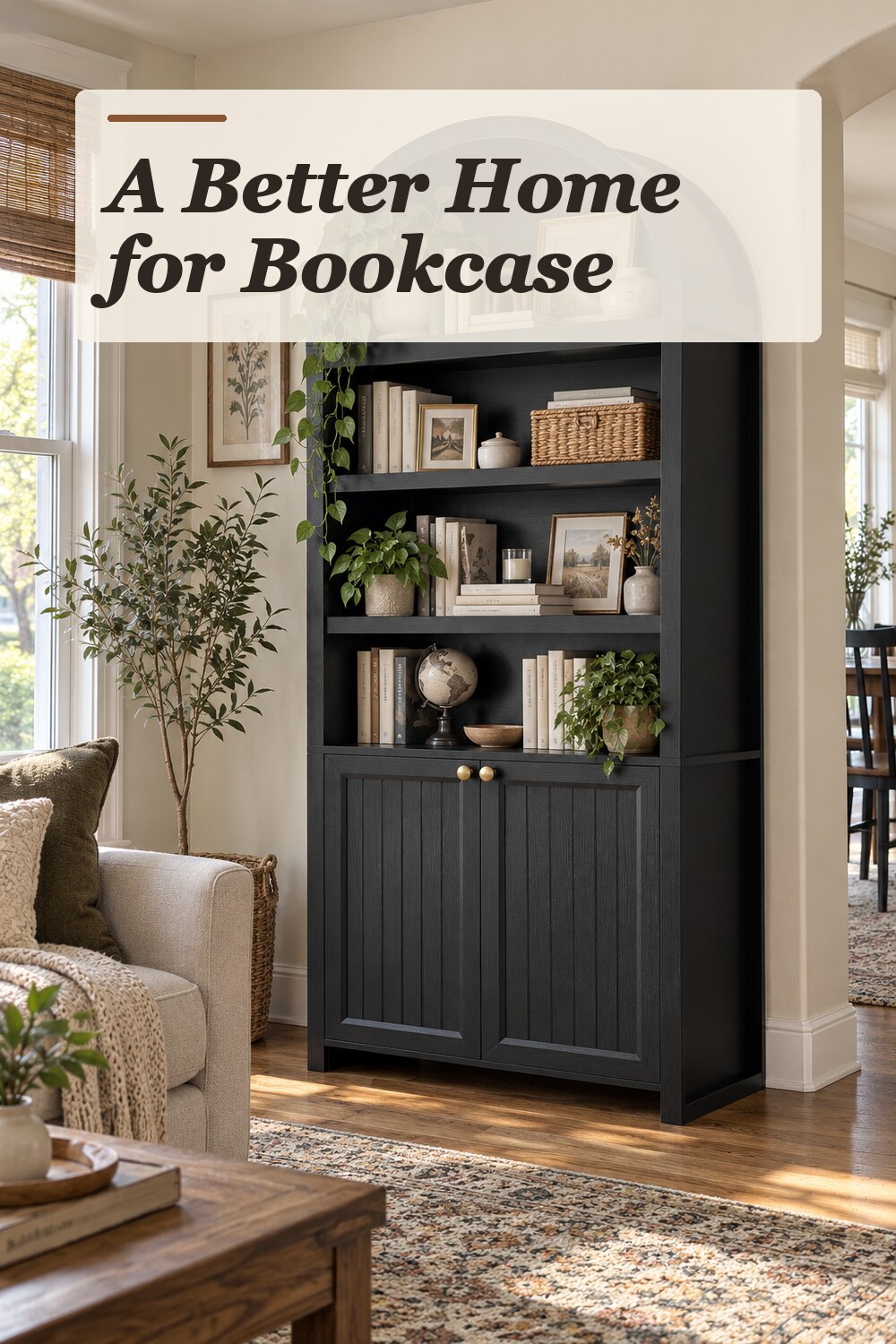 A bookcase used in a comfortable lived-in living room with natural window light and practical everyday styling.