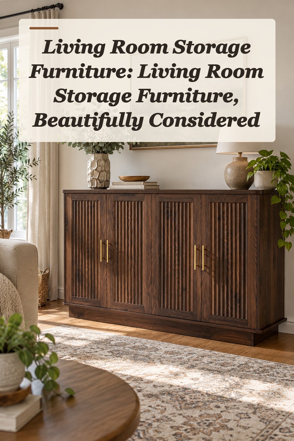 A sideboard cabinet used in a comfortable lived-in living room with natural window light and practical everyday styling.