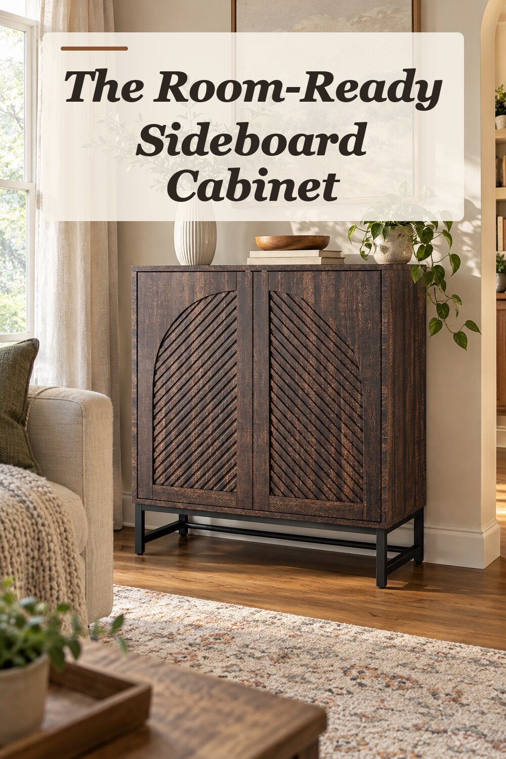 A sideboard cabinet used in a comfortable lived-in living room with natural window light and practical everyday styling.