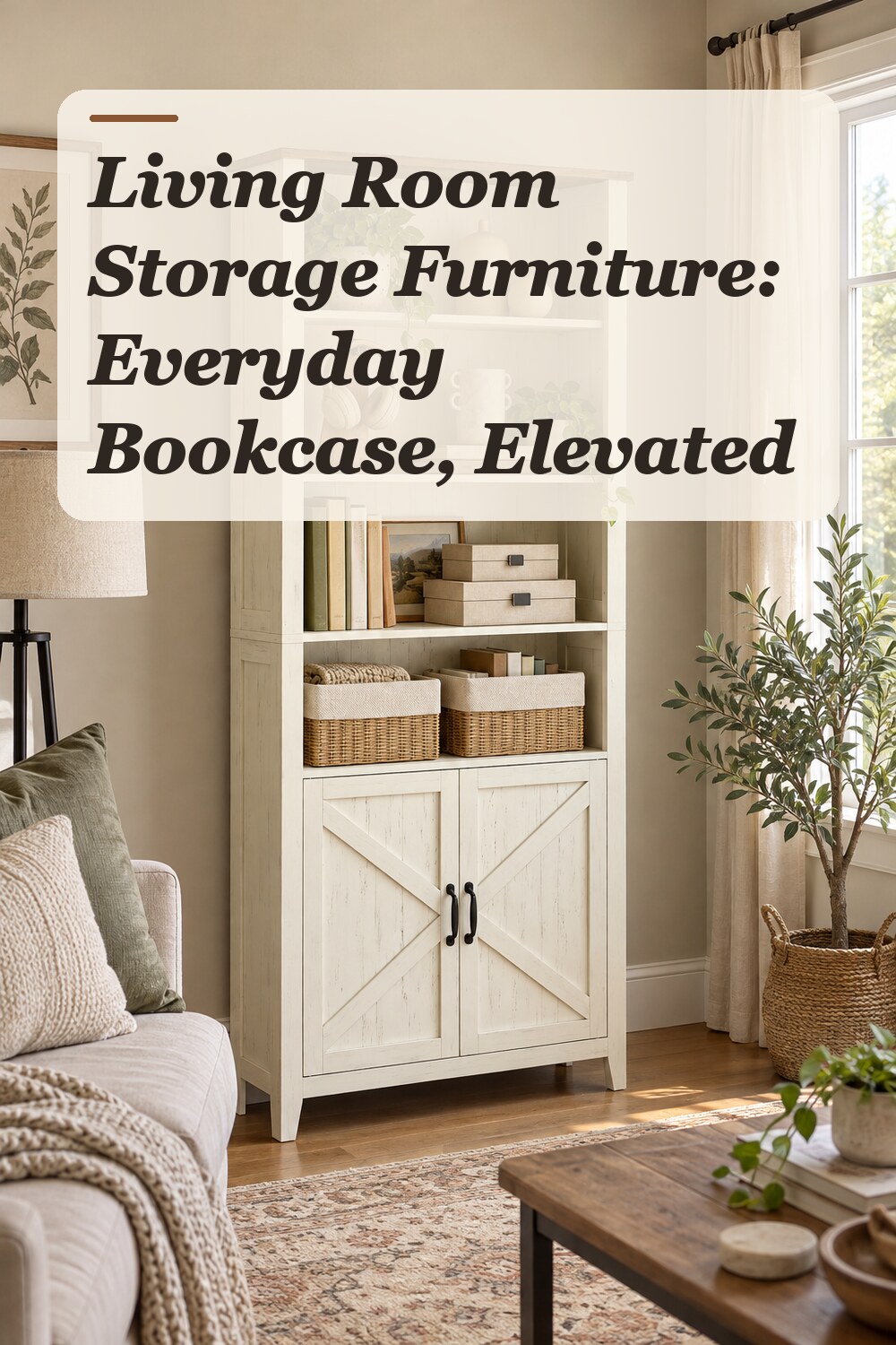 A bookcase used in a comfortable lived-in living room with natural window light and practical everyday styling.