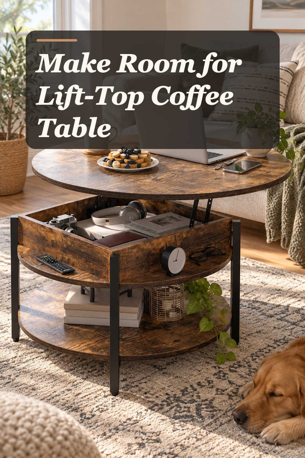 A lift-top coffee table used in a compact multipurpose living room with natural window light and practical everyday styling.