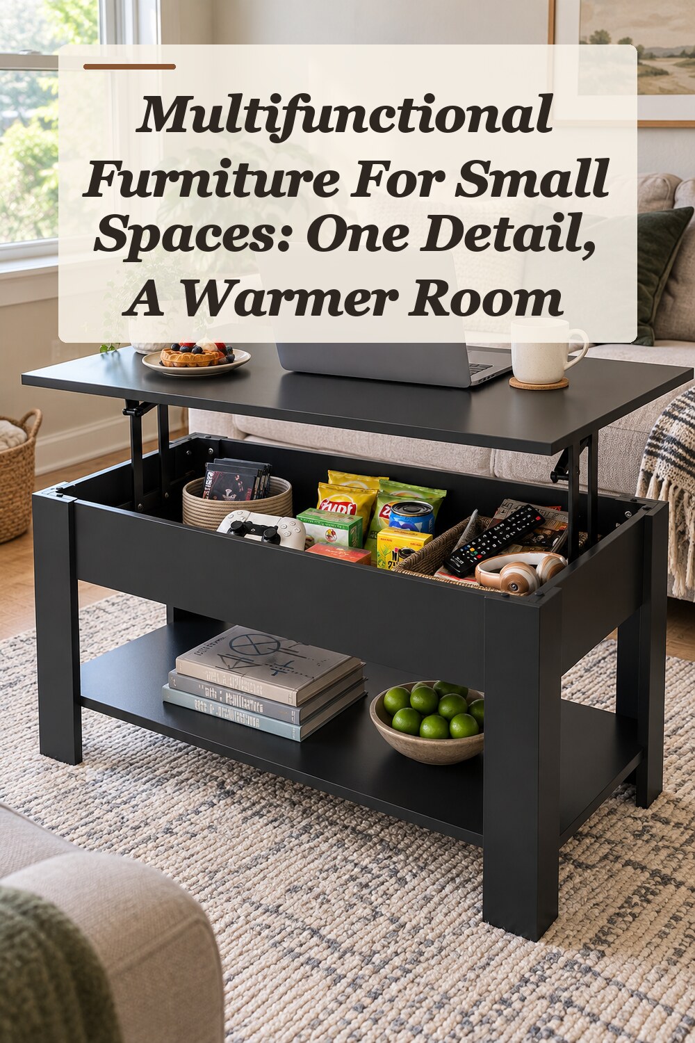 A lift-top coffee table used in a compact multipurpose living room with natural window light and practical everyday styling.