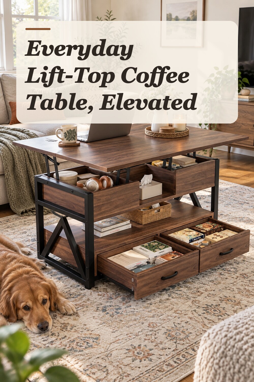 A lift-top coffee table used in a compact multipurpose living room with natural window light and practical everyday styling.