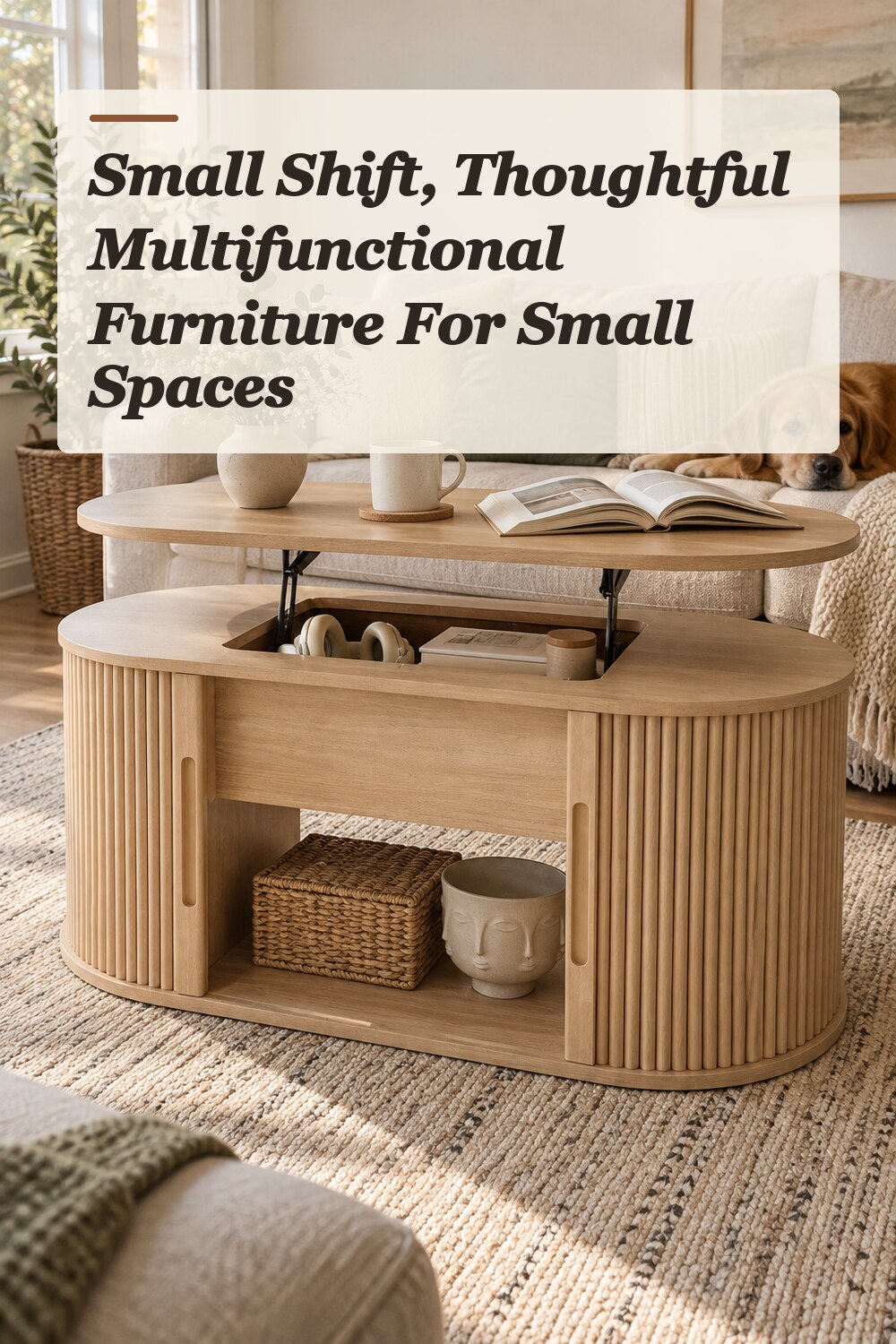 A lift-top coffee table used in a compact multipurpose living room with natural window light and practical everyday styling.