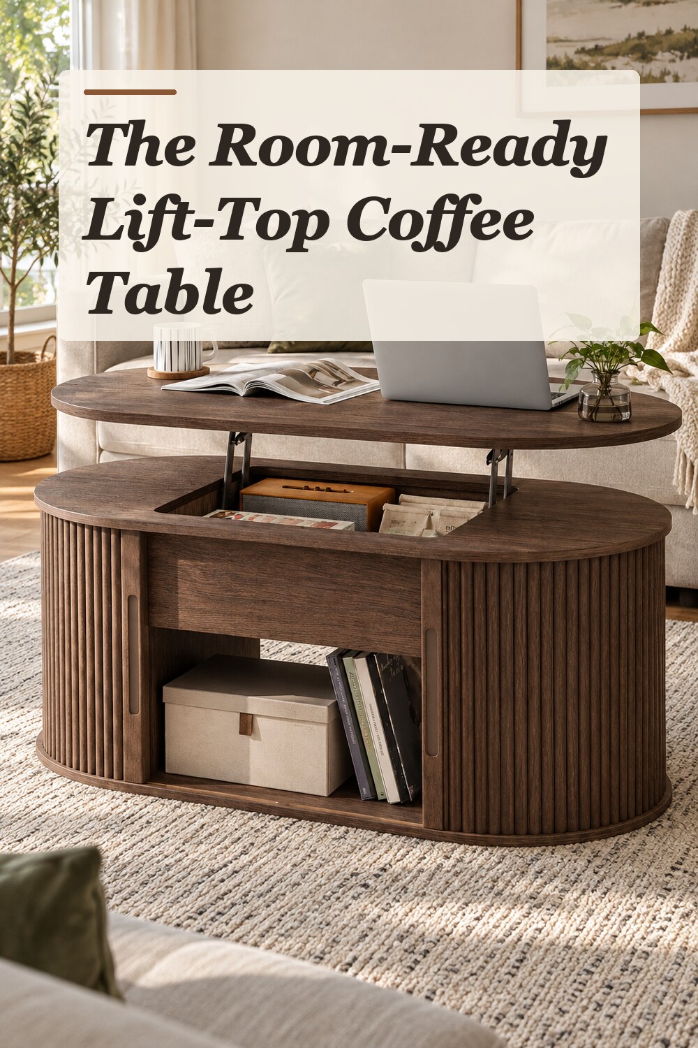 A lift-top coffee table used in a compact multipurpose living room with natural window light and practical everyday styling.