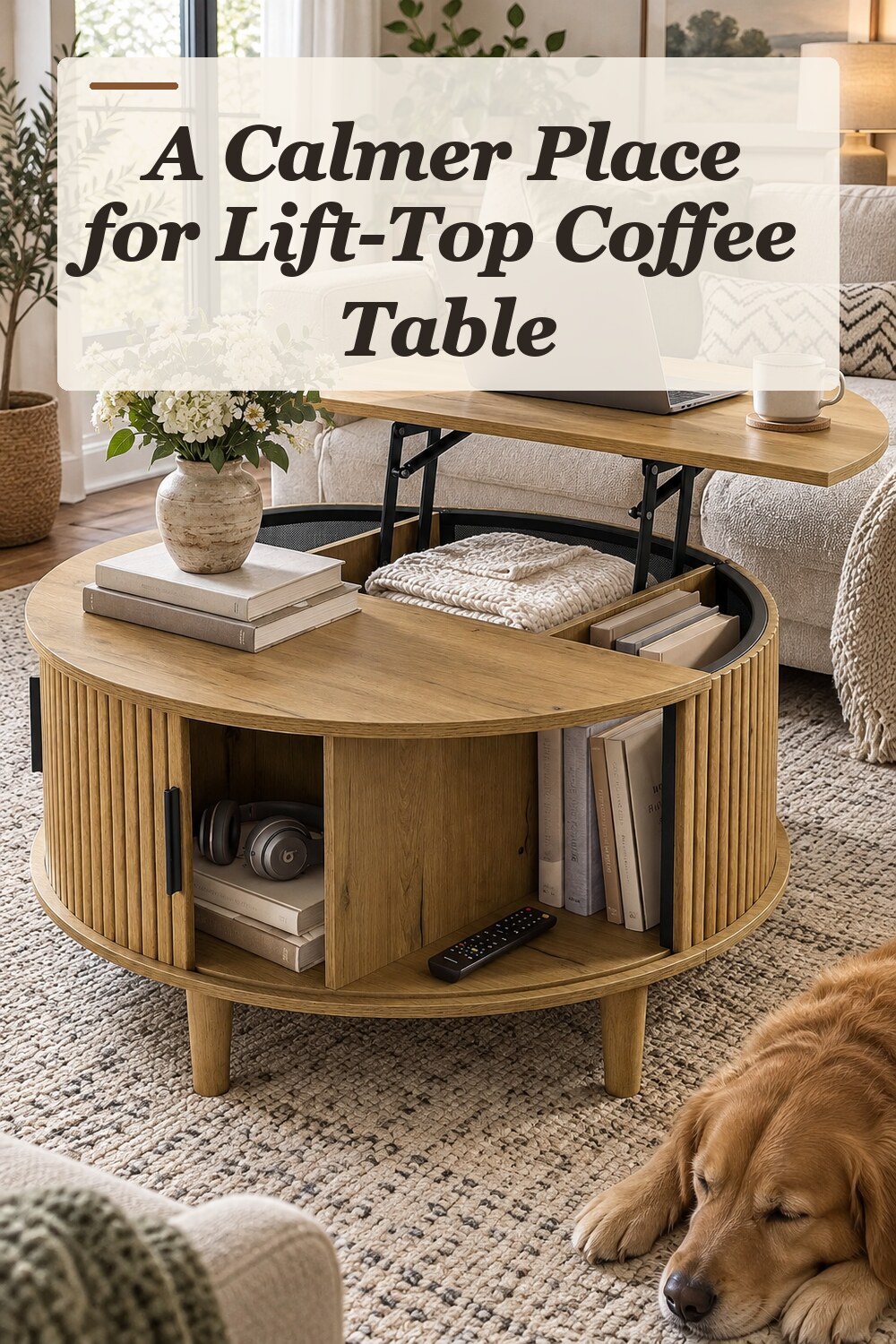 A lift-top coffee table used in a compact multipurpose living room with natural window light and practical everyday styling.