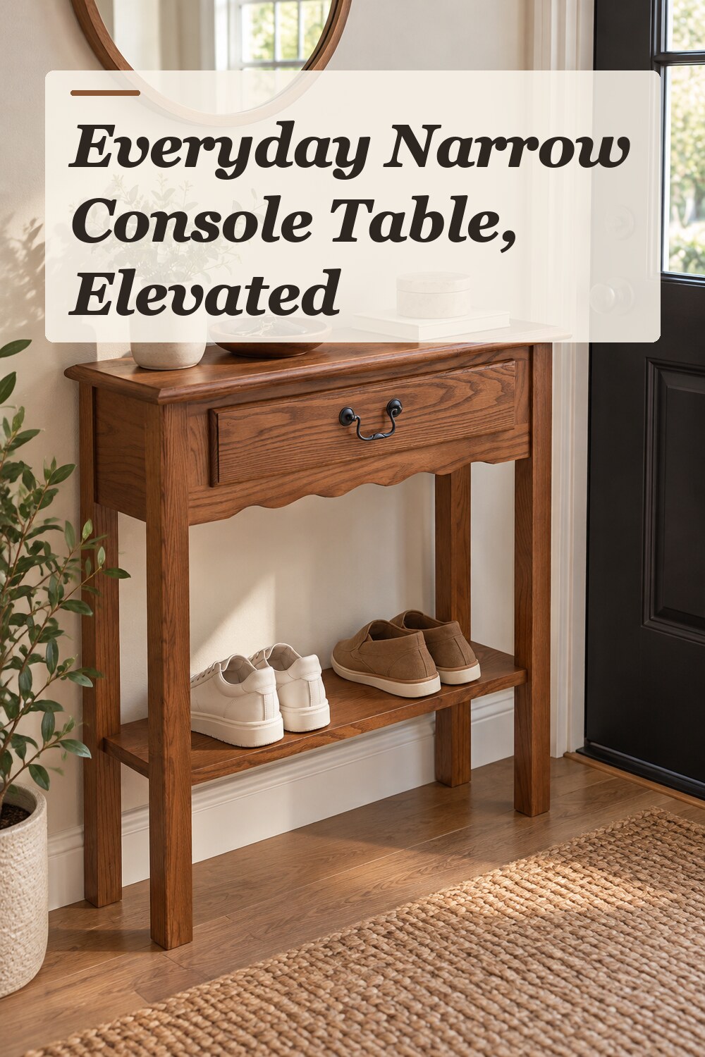 A narrow console table used in a compact apartment entryway with natural window light and practical everyday styling.