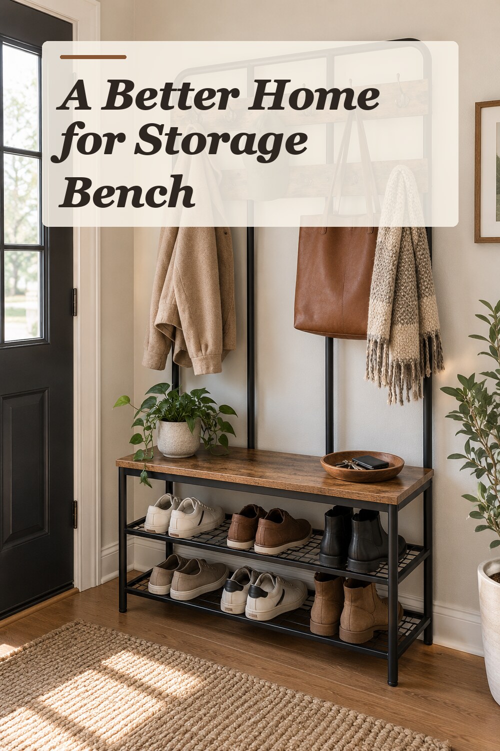 A storage bench used in a compact apartment entryway with natural window light and practical everyday styling.