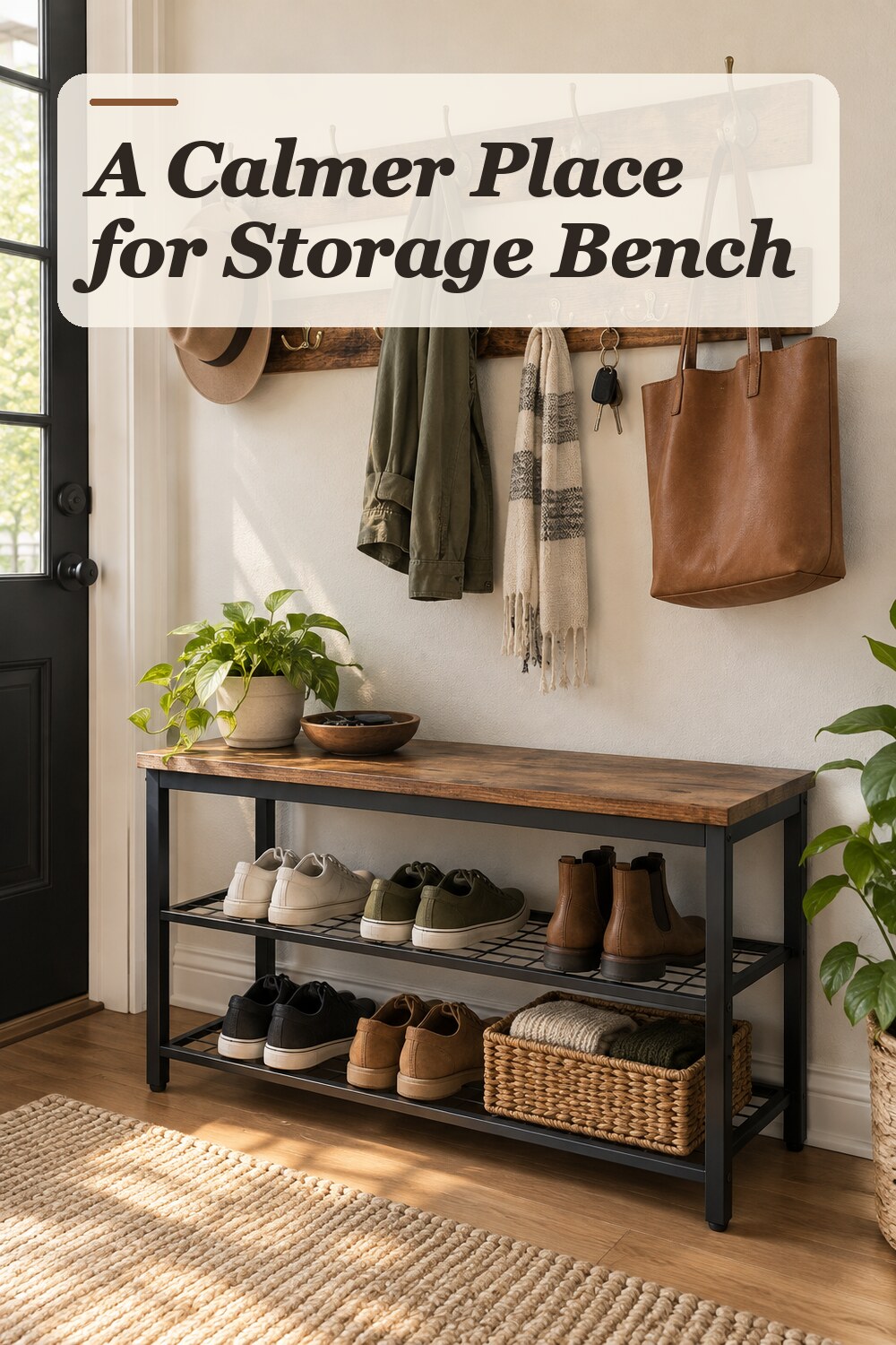 A storage bench used in a compact apartment entryway with natural window light and practical everyday styling.
