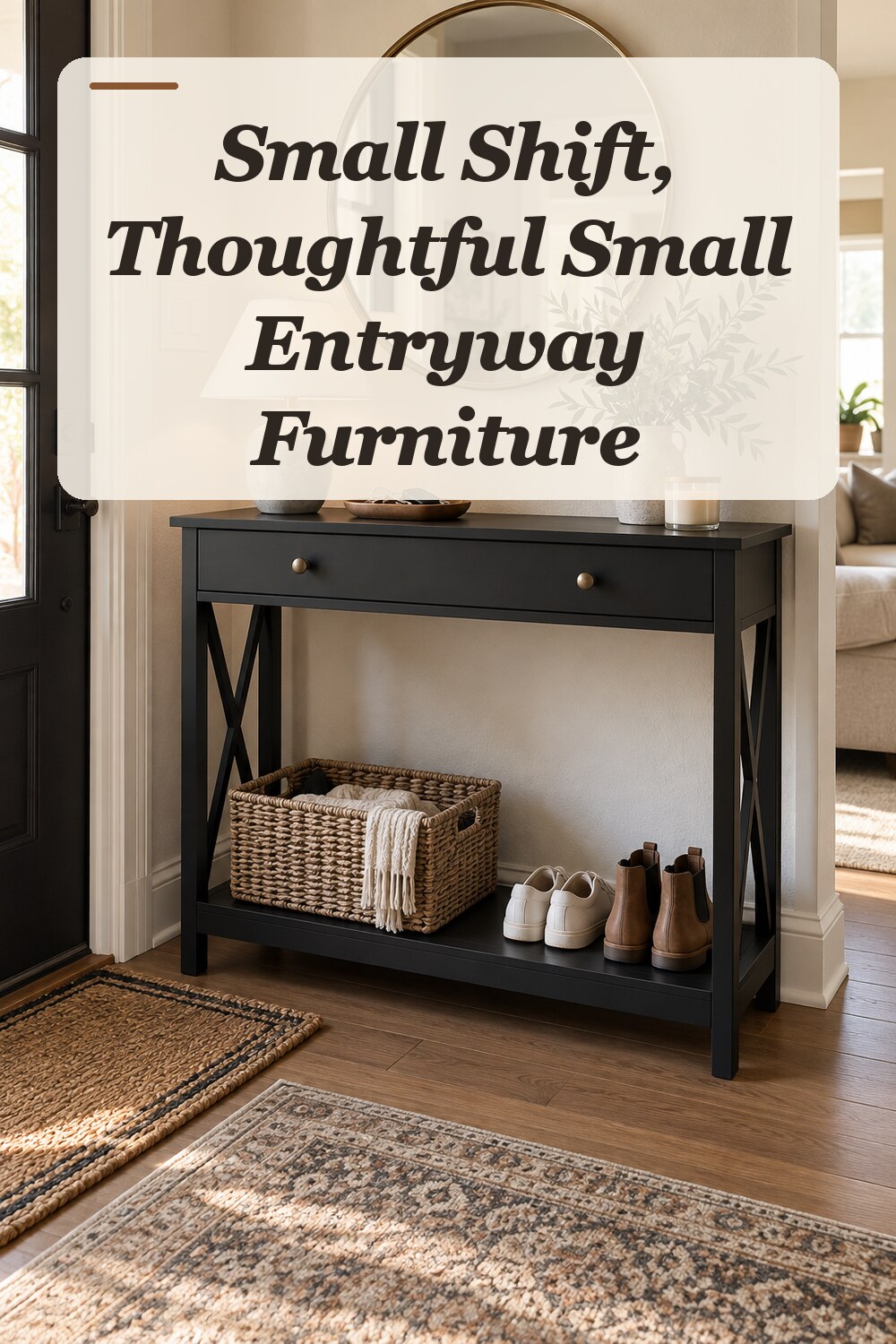 A narrow console table used in a compact apartment entryway with natural window light and practical everyday styling.