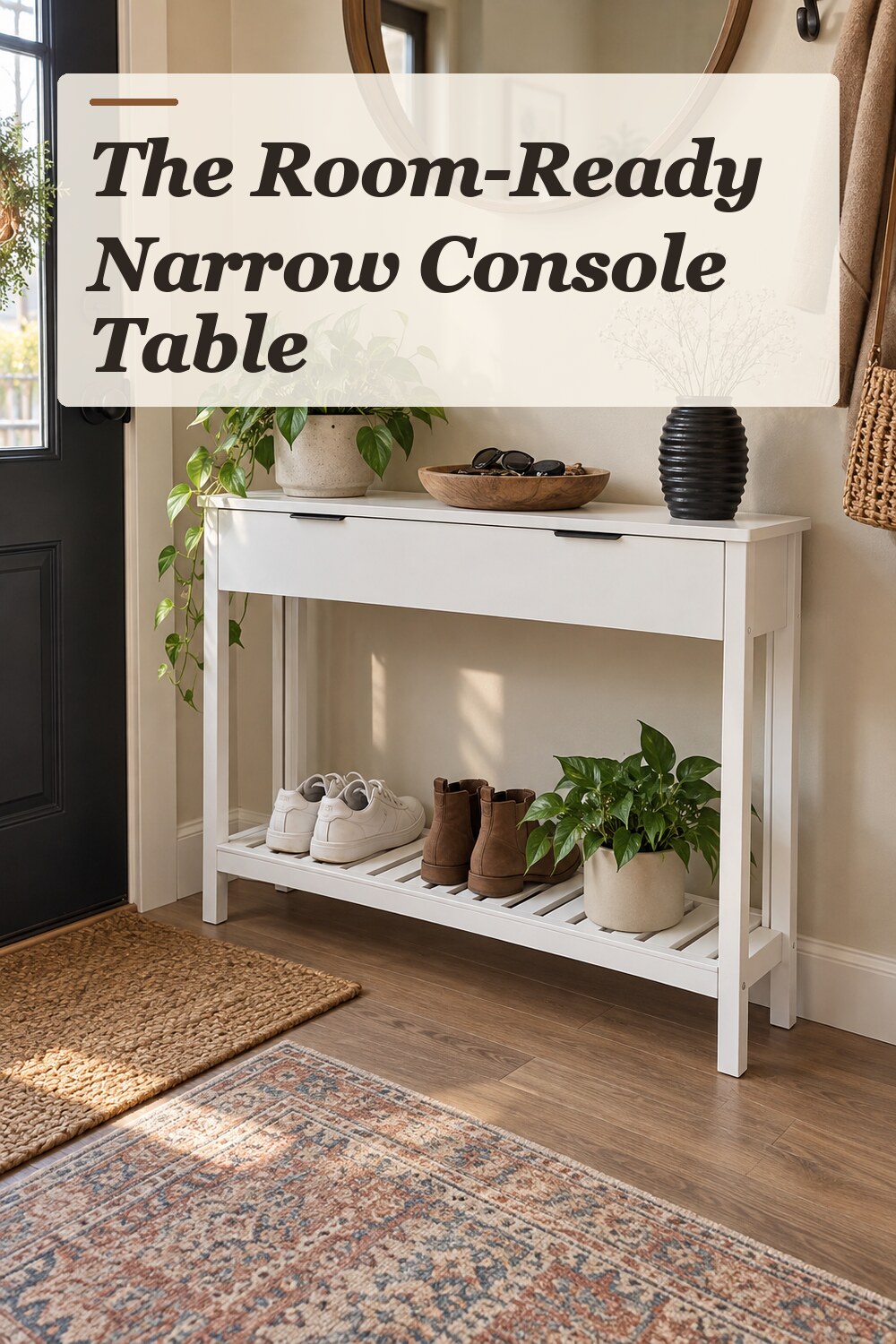 A narrow console table used in a compact apartment entryway with natural window light and practical everyday styling.