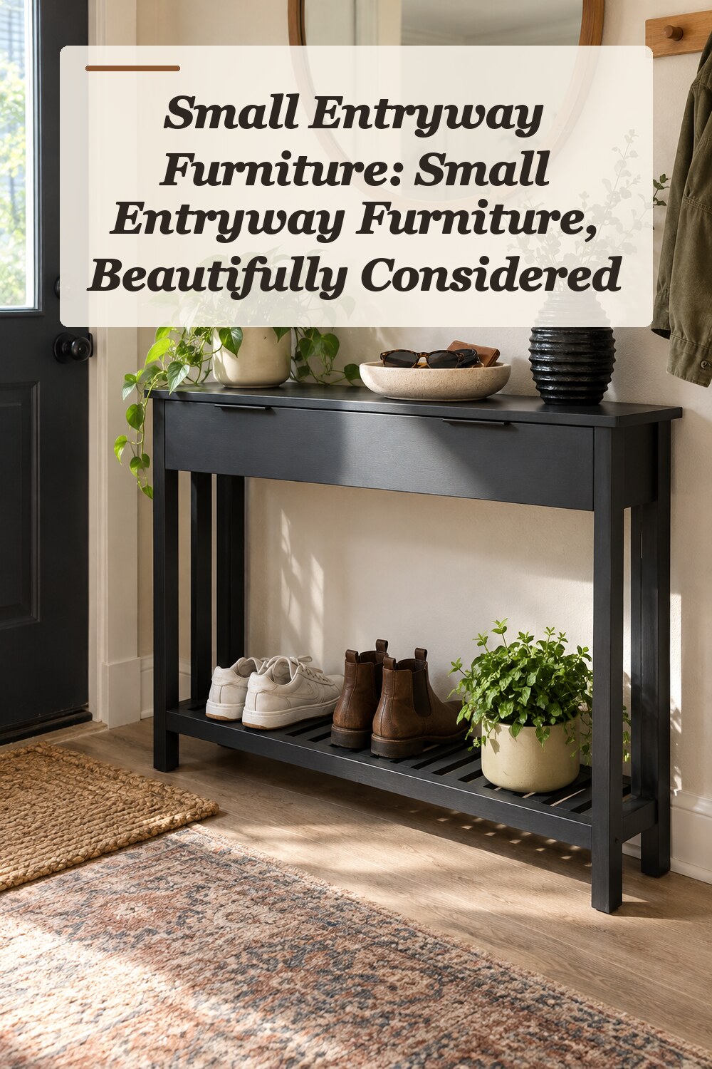 A narrow console table used in a compact apartment entryway with natural window light and practical everyday styling.