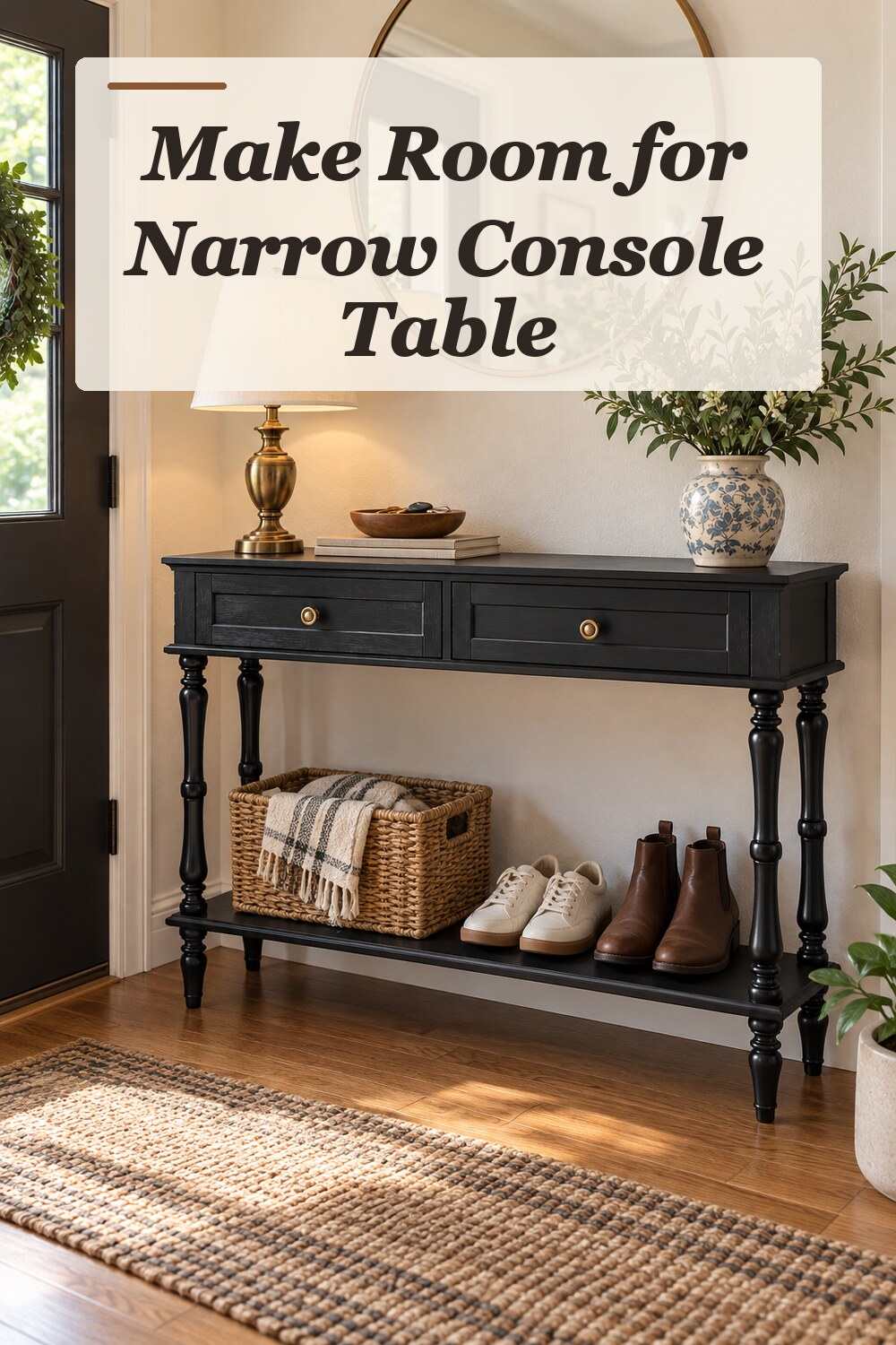 A narrow console table used in a compact apartment entryway with natural window light and practical everyday styling.