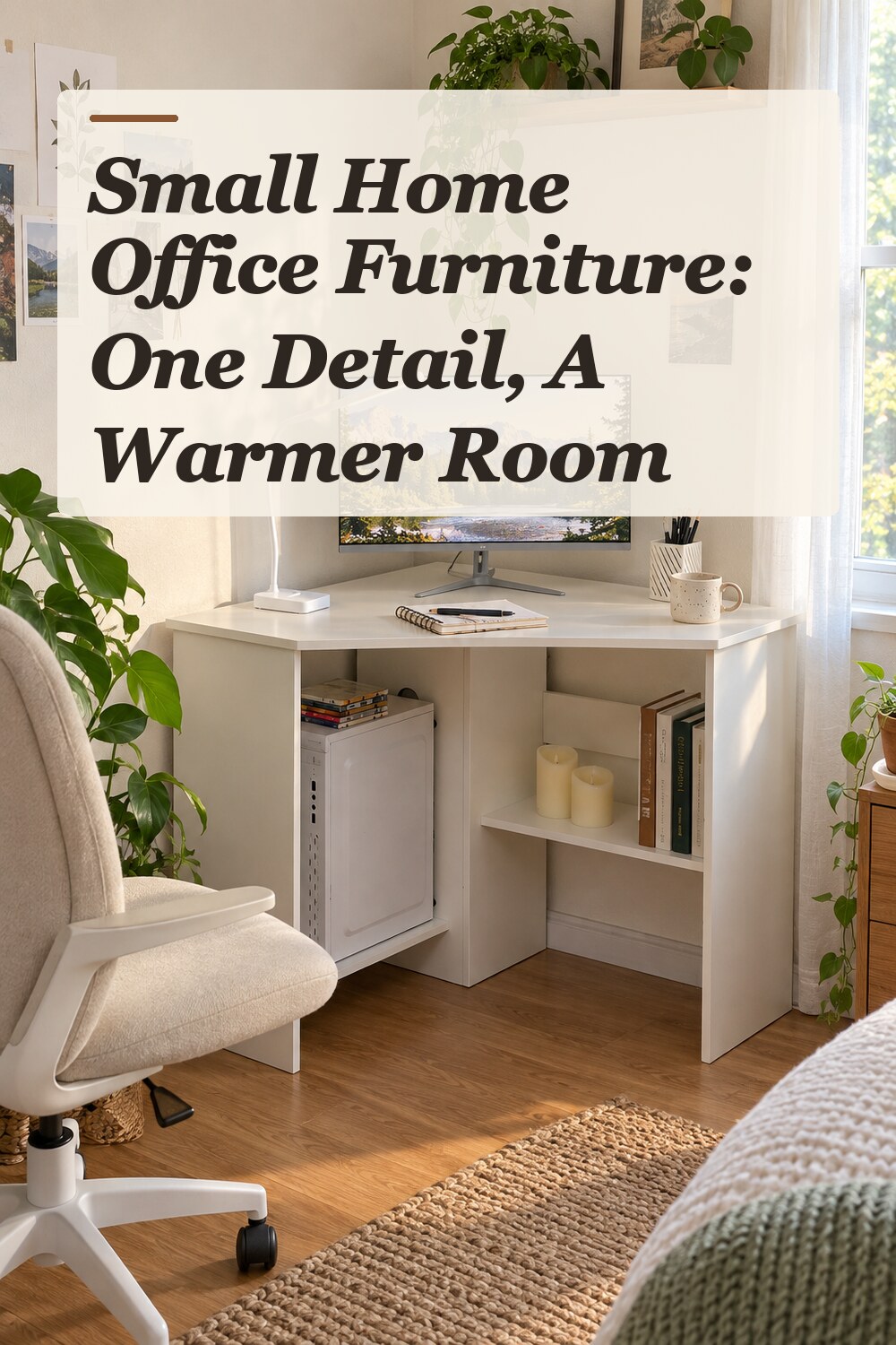 A corner desk used in a real small home office with natural window light and practical everyday styling.