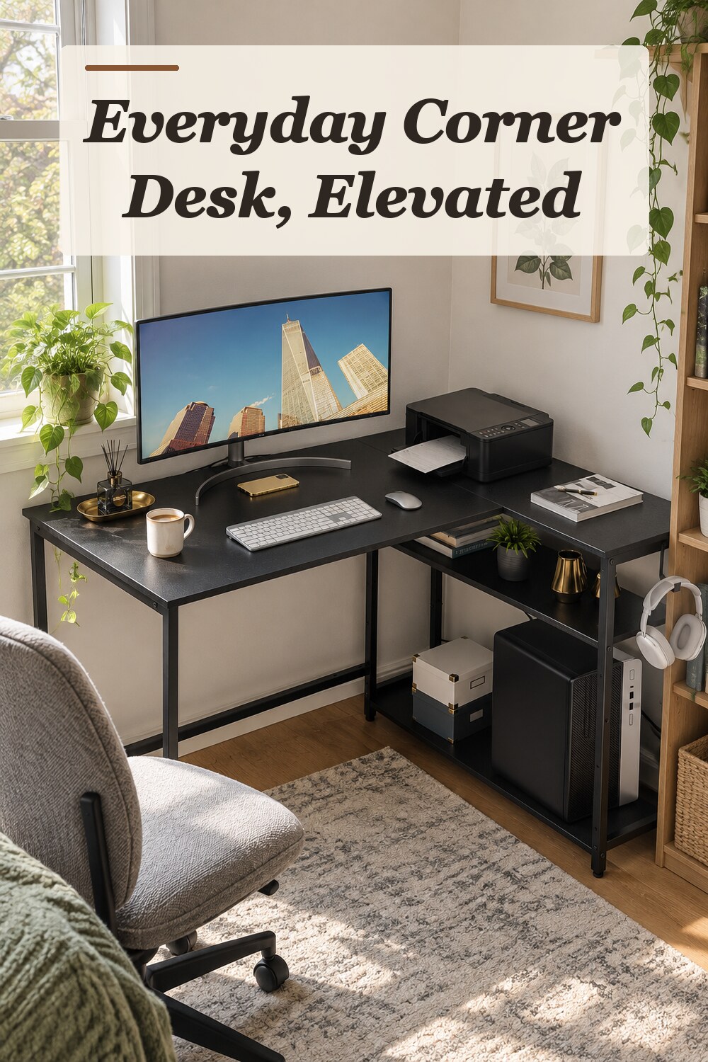 A corner desk used in a real small home office with natural window light and practical everyday styling.