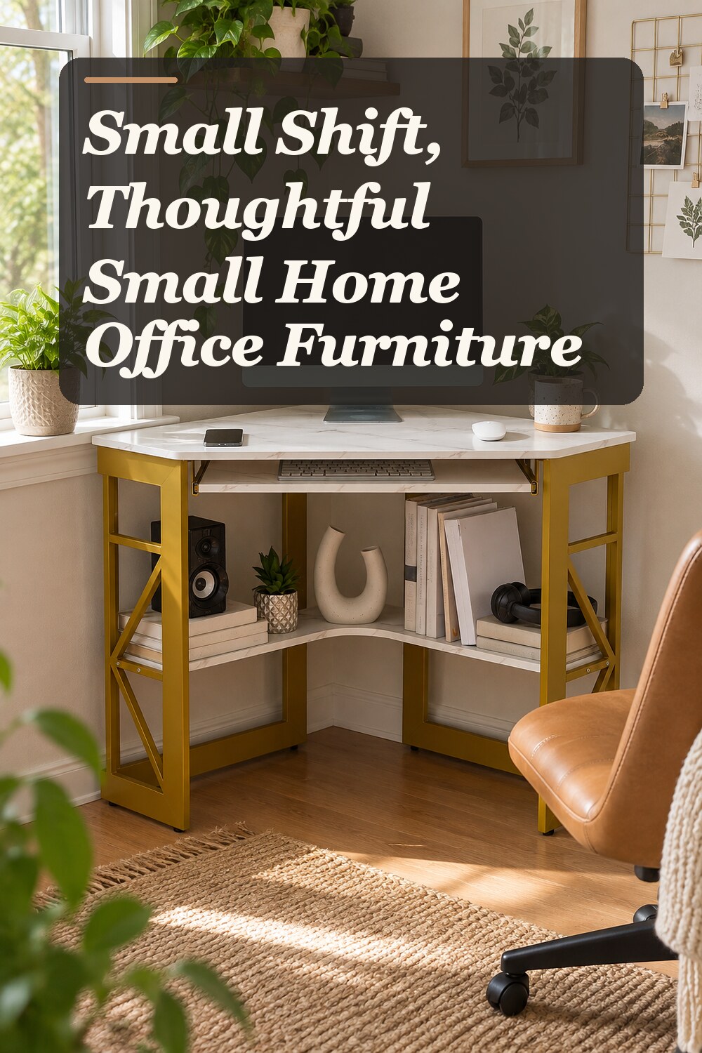 A corner desk used in a real small home office with natural window light and practical everyday styling.