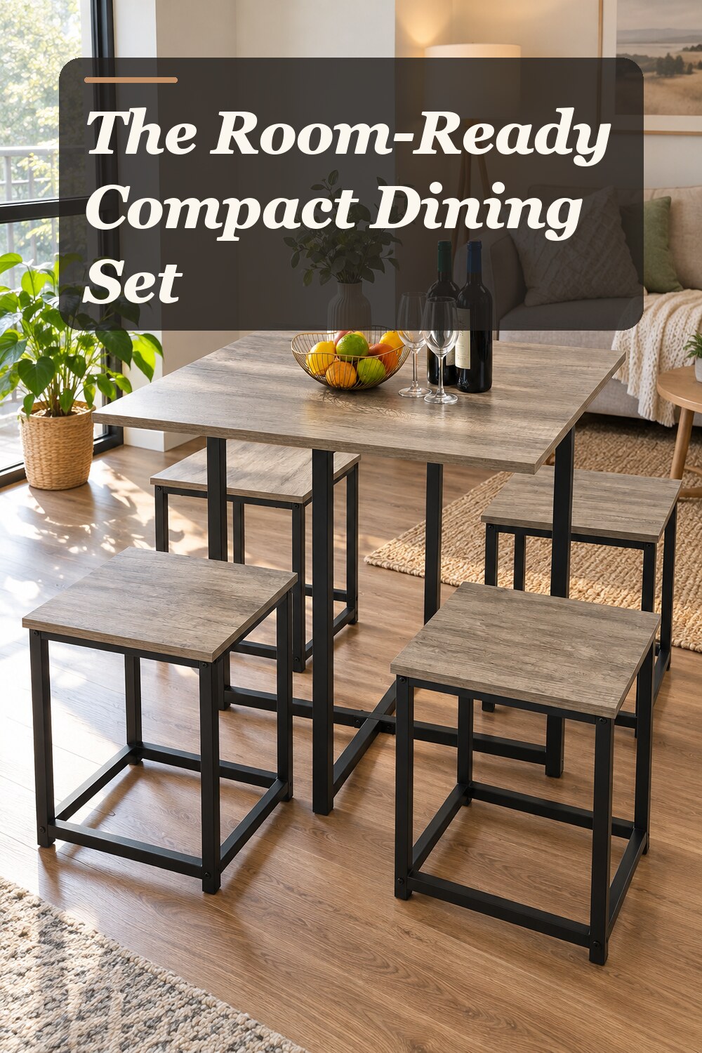 A compact dining set used in a compact combined living and dining area with natural window light and practical everyday styling.