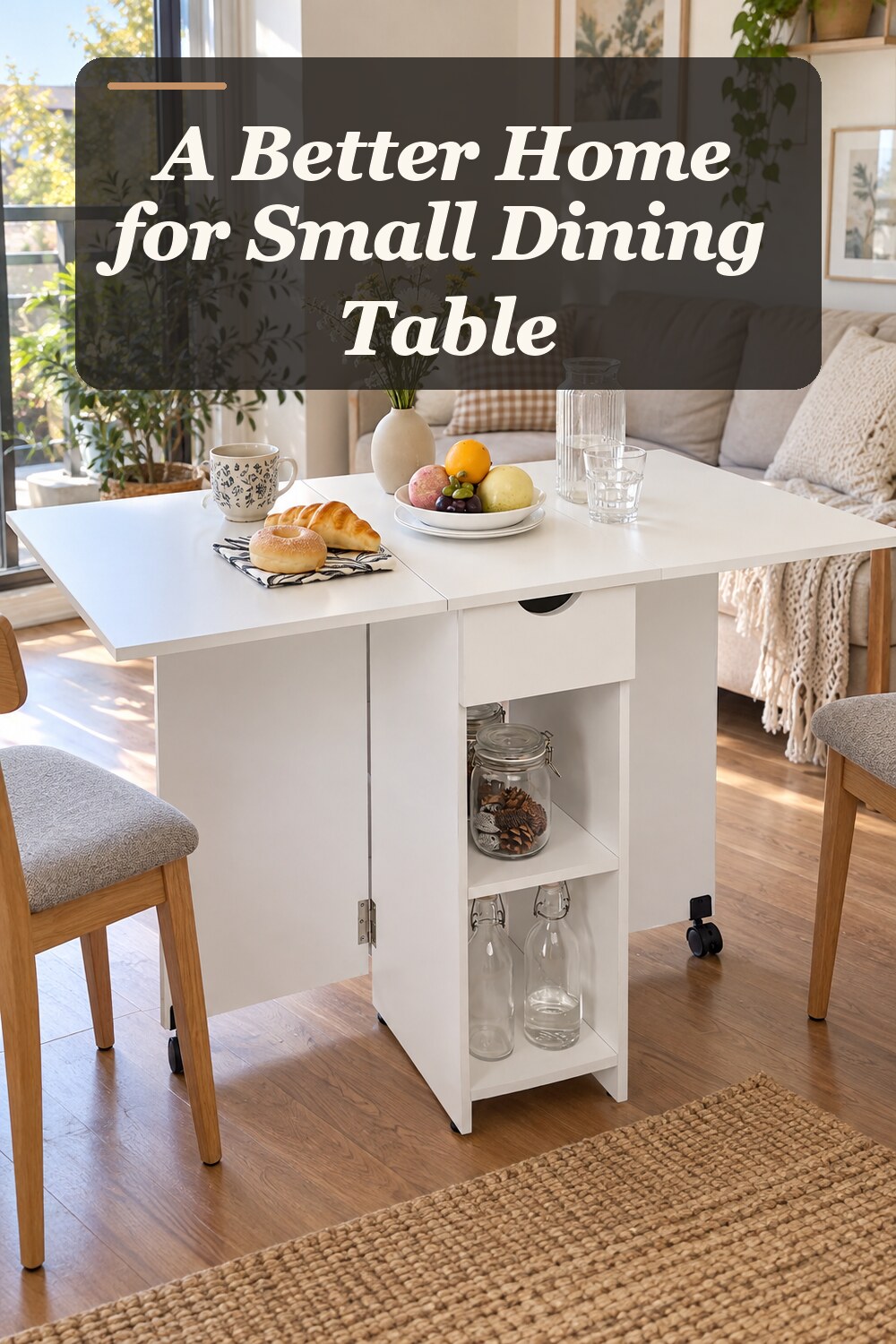 A small dining table used in a compact combined living and dining area with natural window light and practical everyday styling.