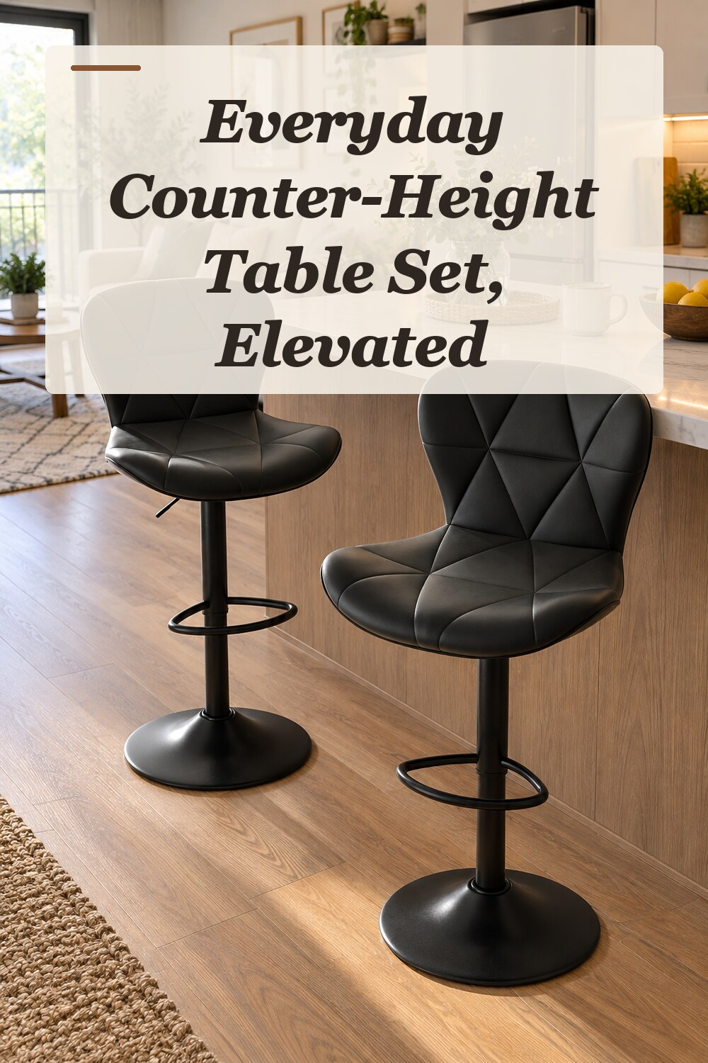 A counter-height table set used in a compact combined living and dining area with natural window light and practical everyday styling.