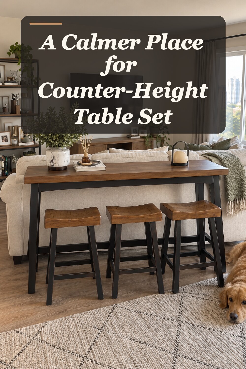 A counter-height table set used in a compact combined living and dining area with natural window light and practical everyday styling.