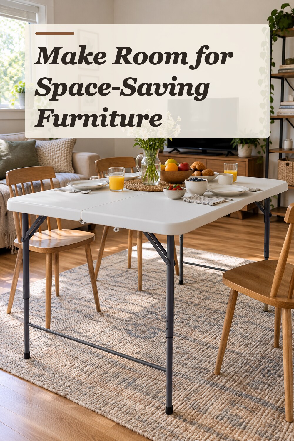 A space-saving furniture used in a compact combined living and dining area with natural window light and practical everyday styling.