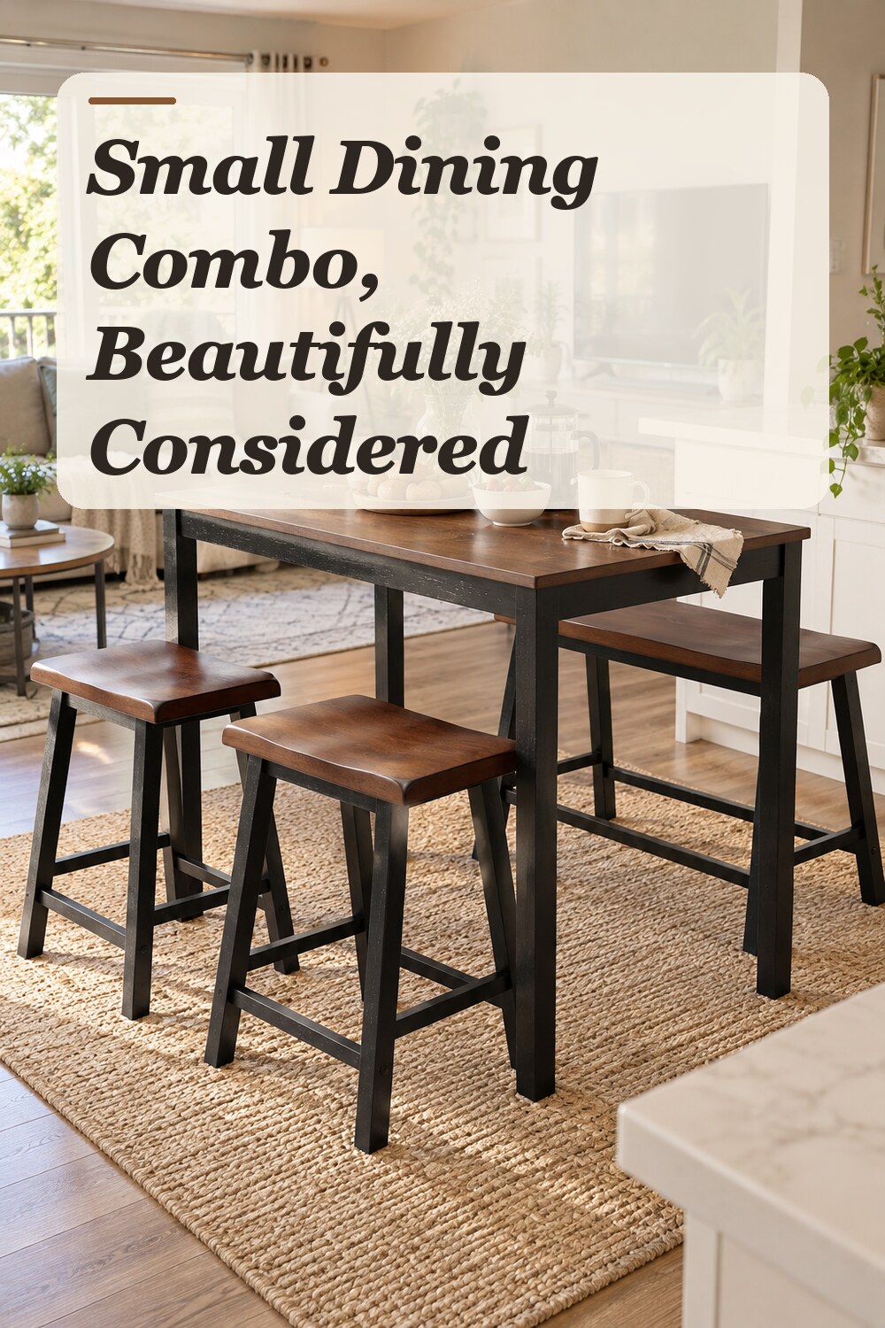 A counter-height table set used in a compact combined living and dining area with natural window light and practical everyday styling.