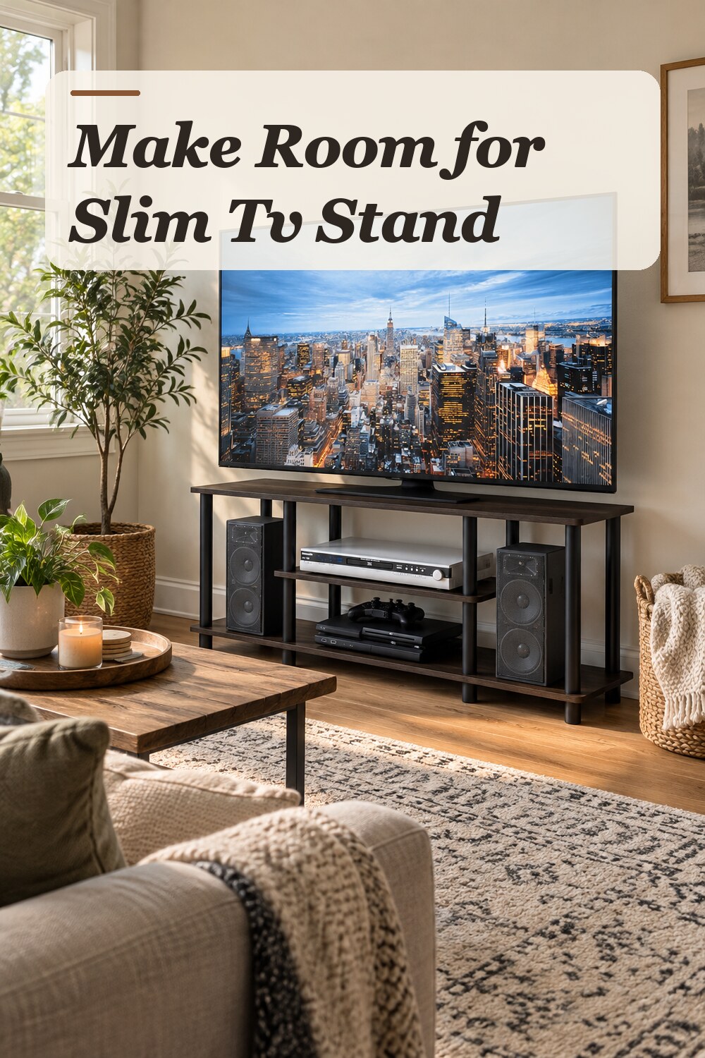 A slim TV stand used in a believable small living room with natural window light and practical everyday styling.