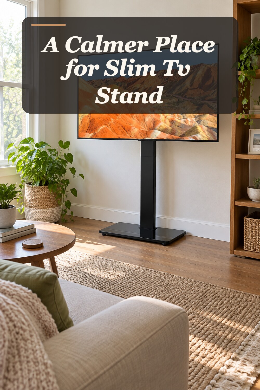 A slim TV stand used in a believable small living room with natural window light and practical everyday styling.