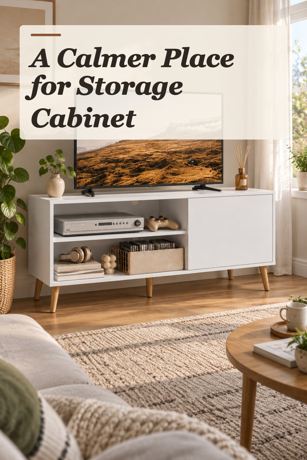 A storage cabinet used in a believable small living room with natural window light and practical everyday styling.