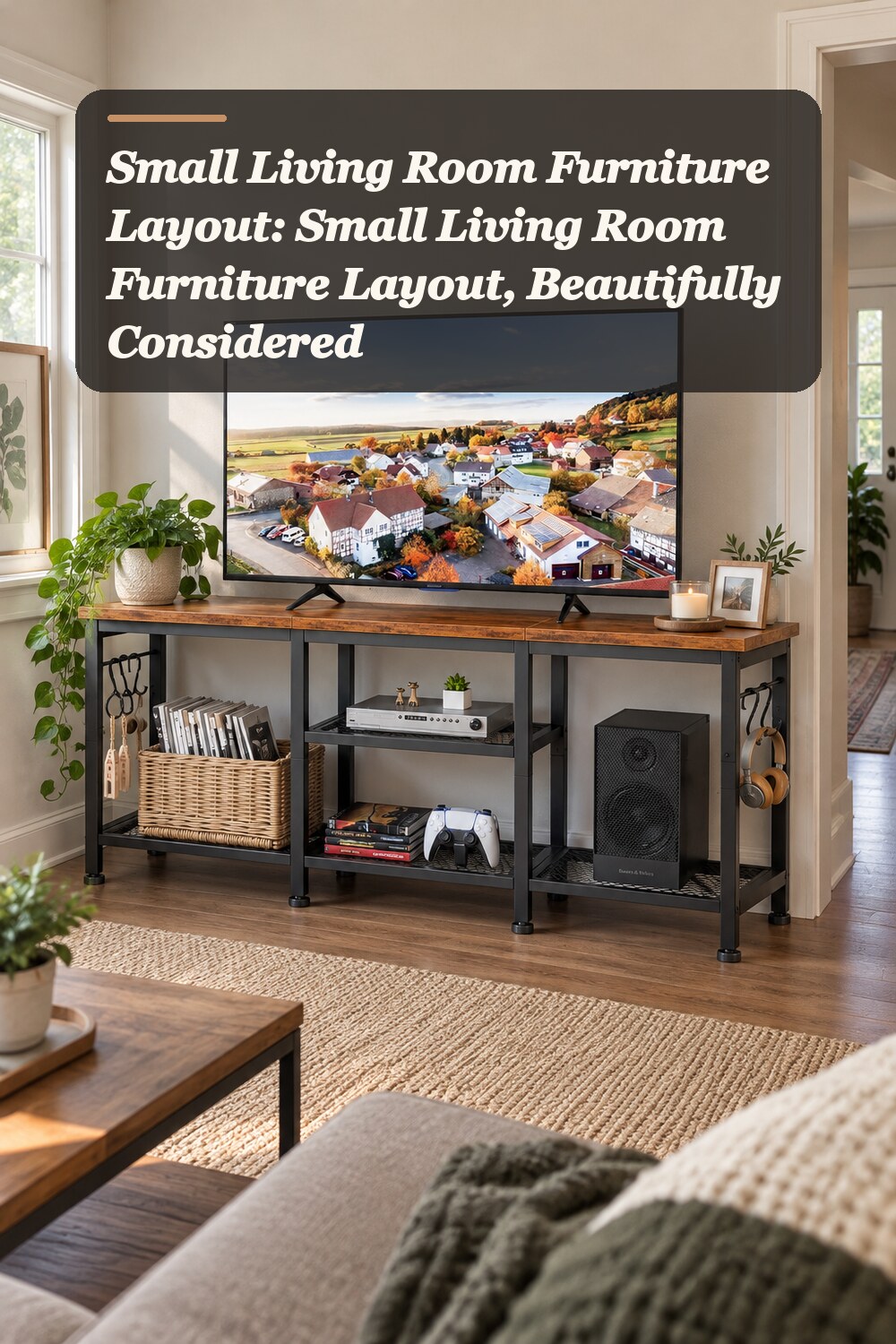 A slim TV stand used in a believable small living room with natural window light and practical everyday styling.