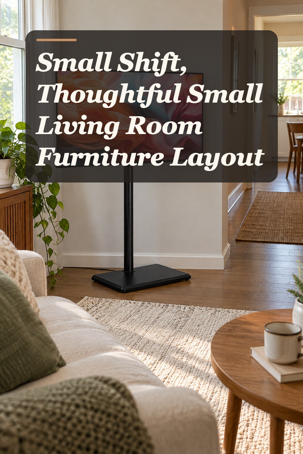 A slim TV stand used in a believable small living room with natural window light and practical everyday styling.