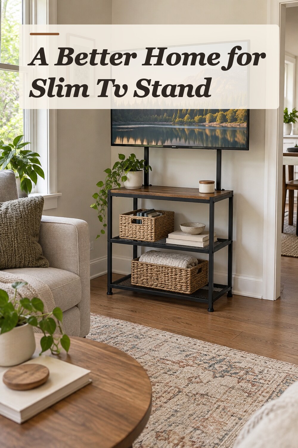 A slim TV stand used in a believable small living room with natural window light and practical everyday styling.