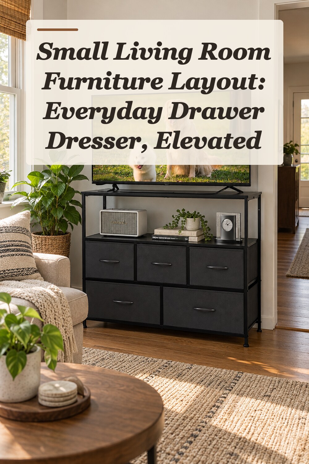 A drawer dresser used in a believable small living room with natural window light and practical everyday styling.