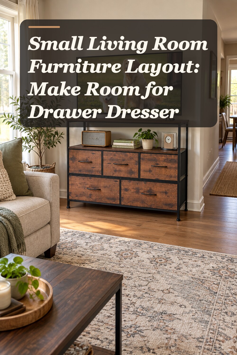 A drawer dresser used in a believable small living room with natural window light and practical everyday styling.