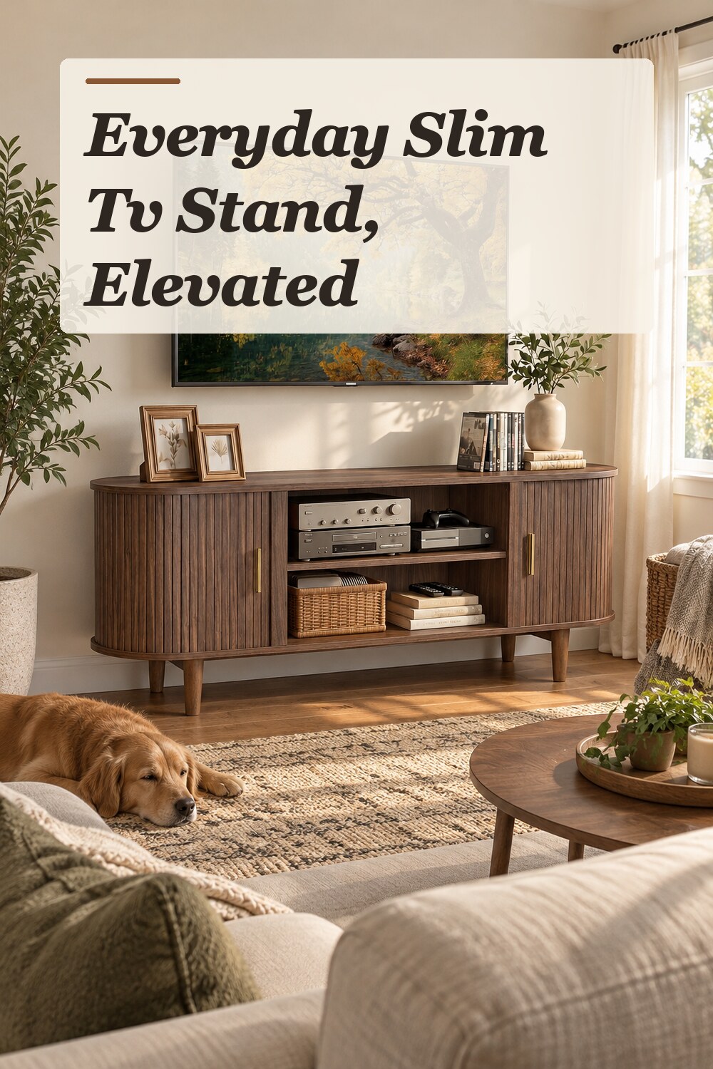 A slim TV stand used in a believable small living room with natural window light and practical everyday styling.
