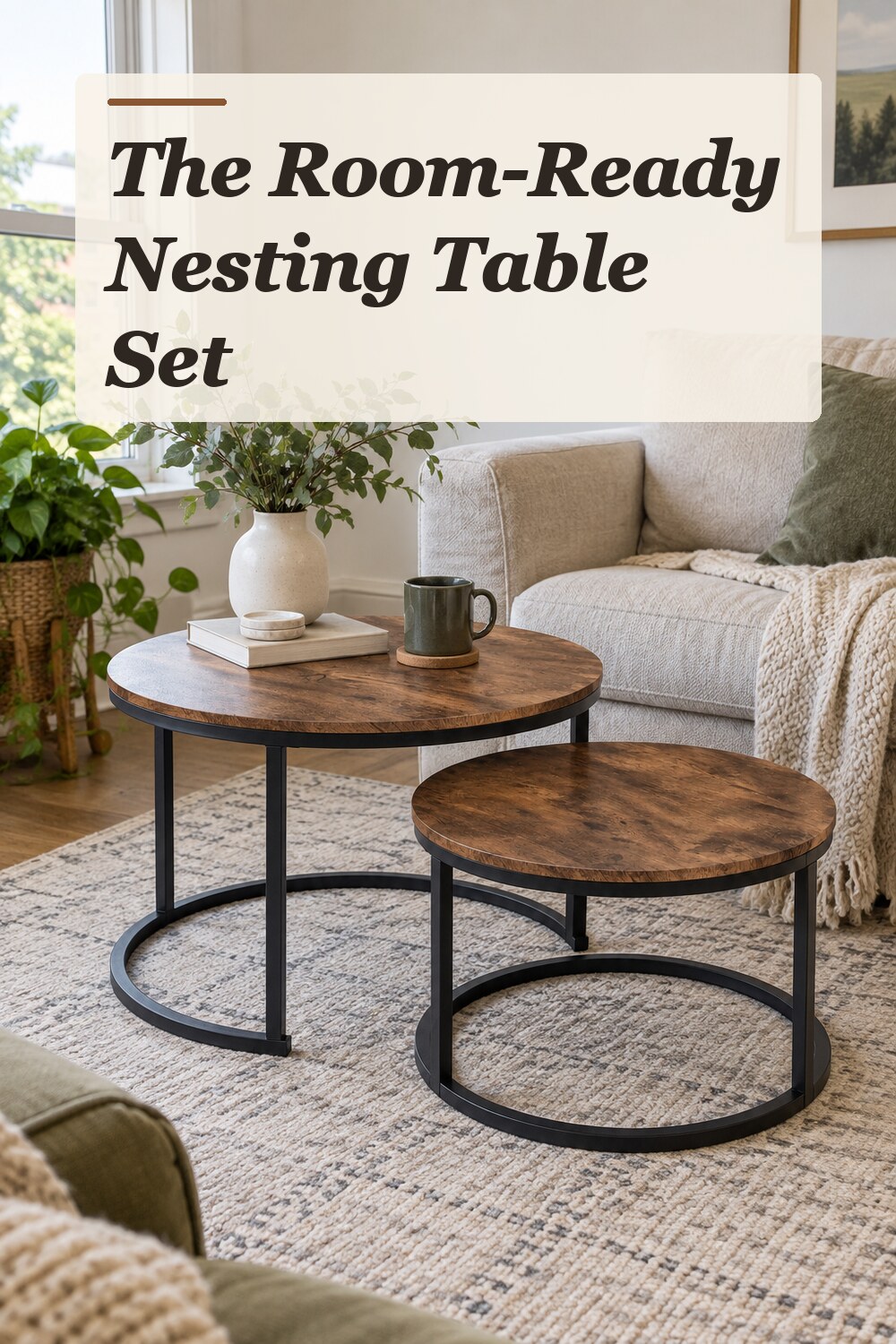 A nesting table set used in a comfortable apartment living room with natural window light and practical everyday styling.