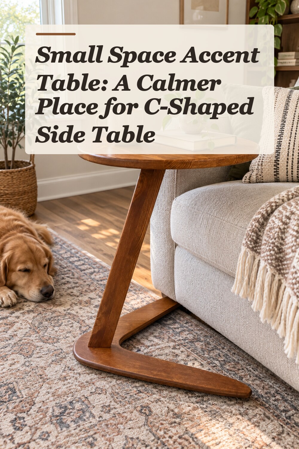 A c-shaped side table used in a comfortable apartment living room with natural window light and practical everyday styling.