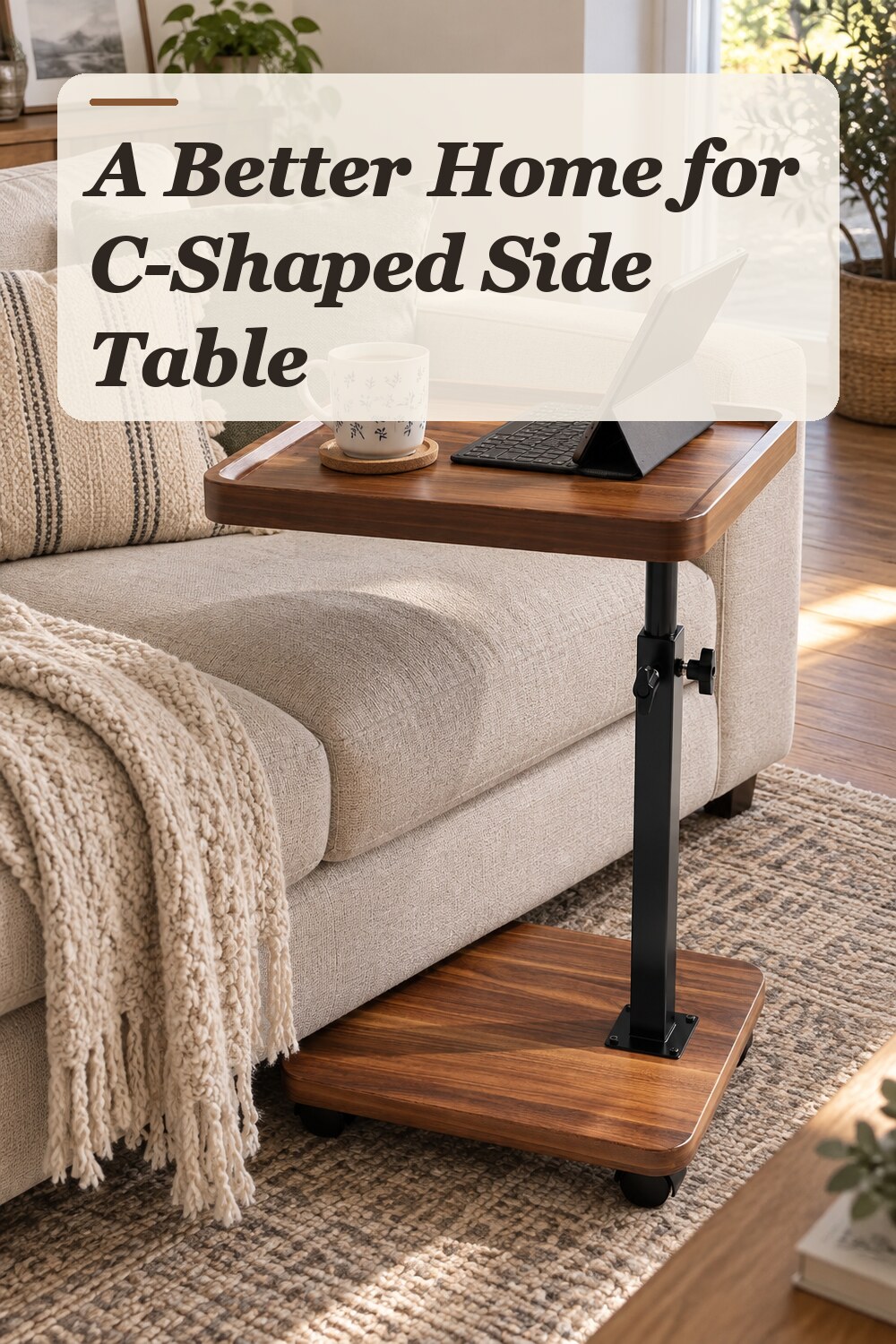 A c-shaped side table used in a comfortable apartment living room with natural window light and practical everyday styling.
