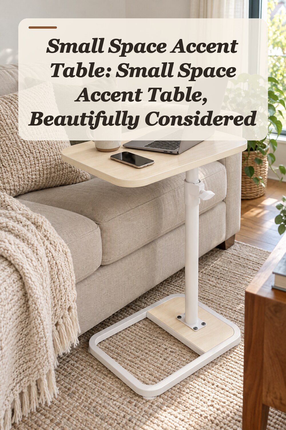 A c-shaped side table used in a comfortable apartment living room with natural window light and practical everyday styling.