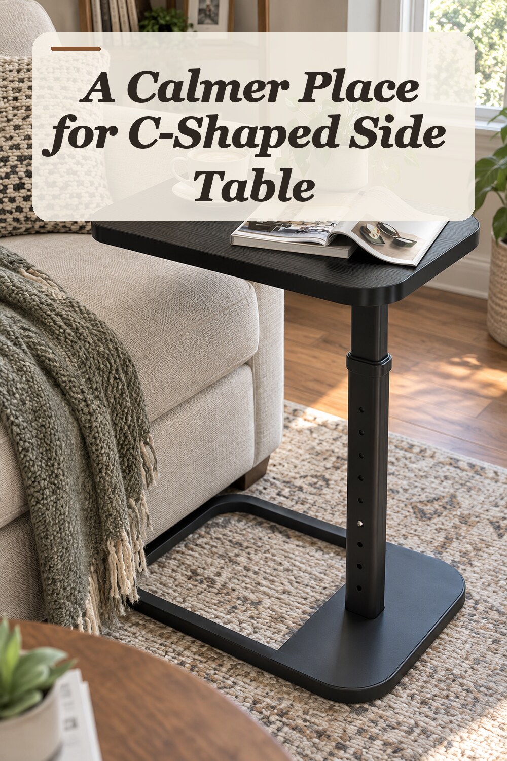 A c-shaped side table used in a comfortable apartment living room with natural window light and practical everyday styling.