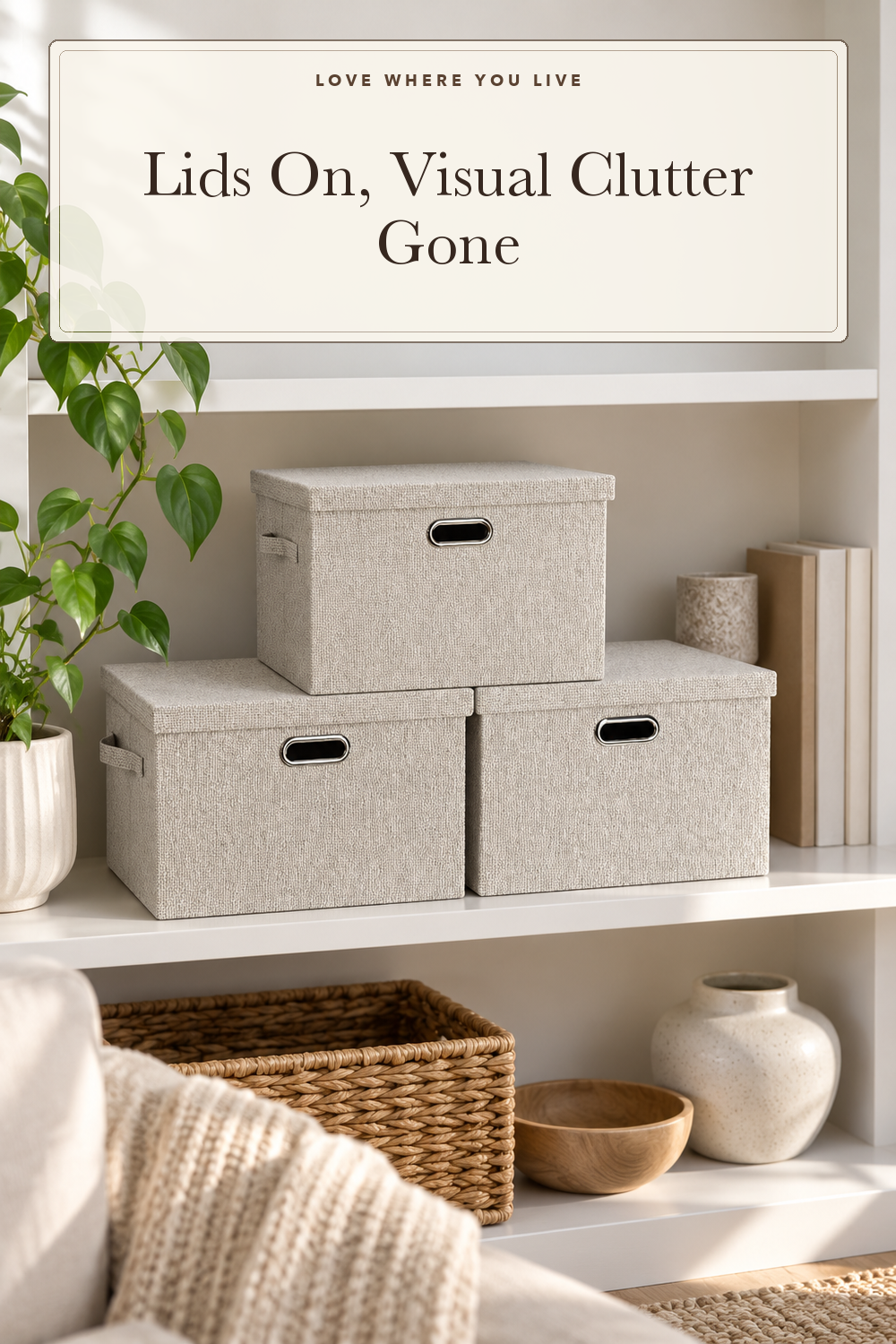 Graciadeco Large Quart Collapsible Stackable Storage Bins with Lids, 3 Packs Beige Linen Fabric Closet Boxes with Lids, Storage Cube Baskets Container Organizers for Bedroom Office(16.6 x 11.7 x 10.8); styling illustration