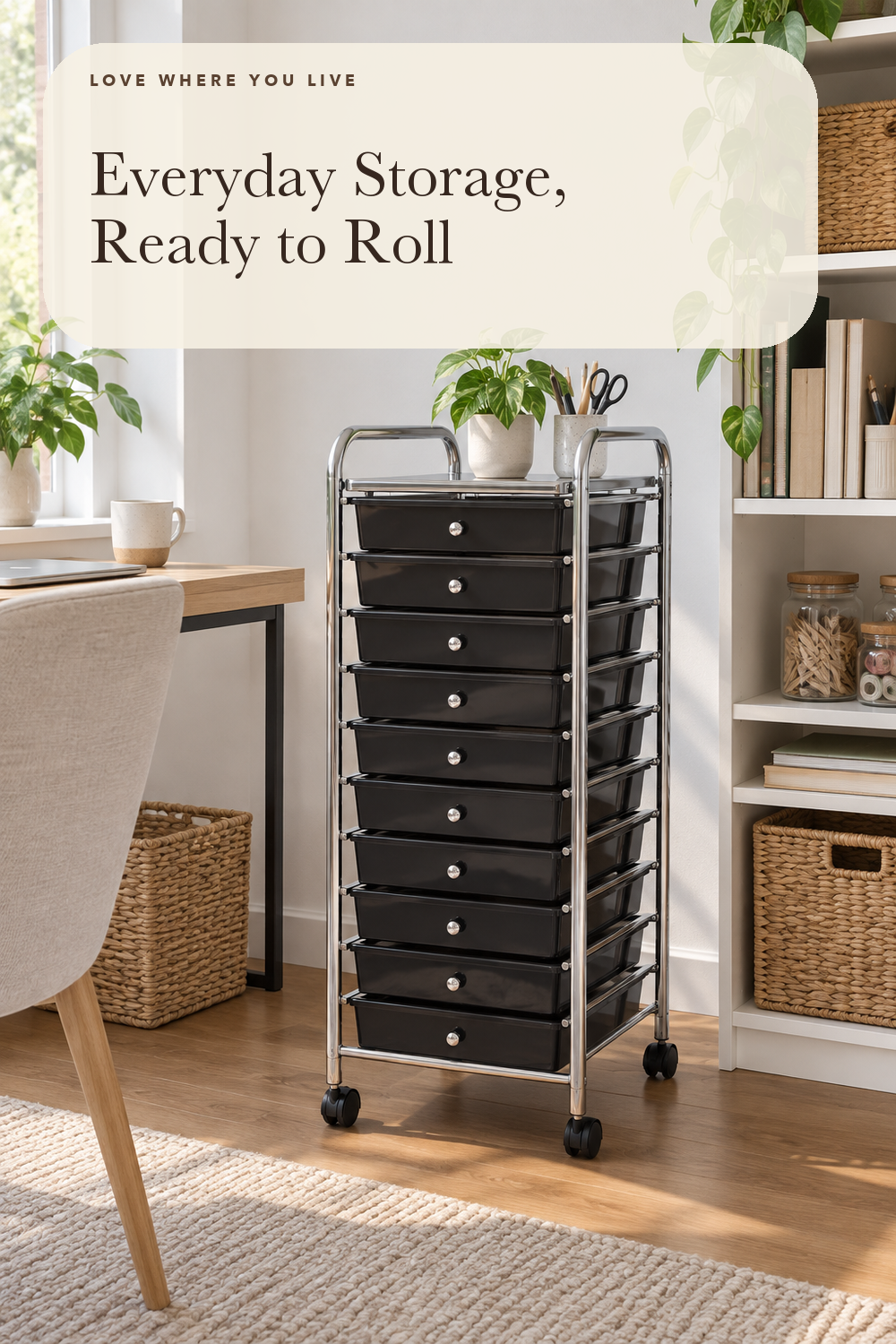 Seville Classics Rolling Utility Organizer Storage Cart, for Home Office, School, Classroom, Scrapbook, Hobby, Craft, 10 Drawer, Black; styling illustration